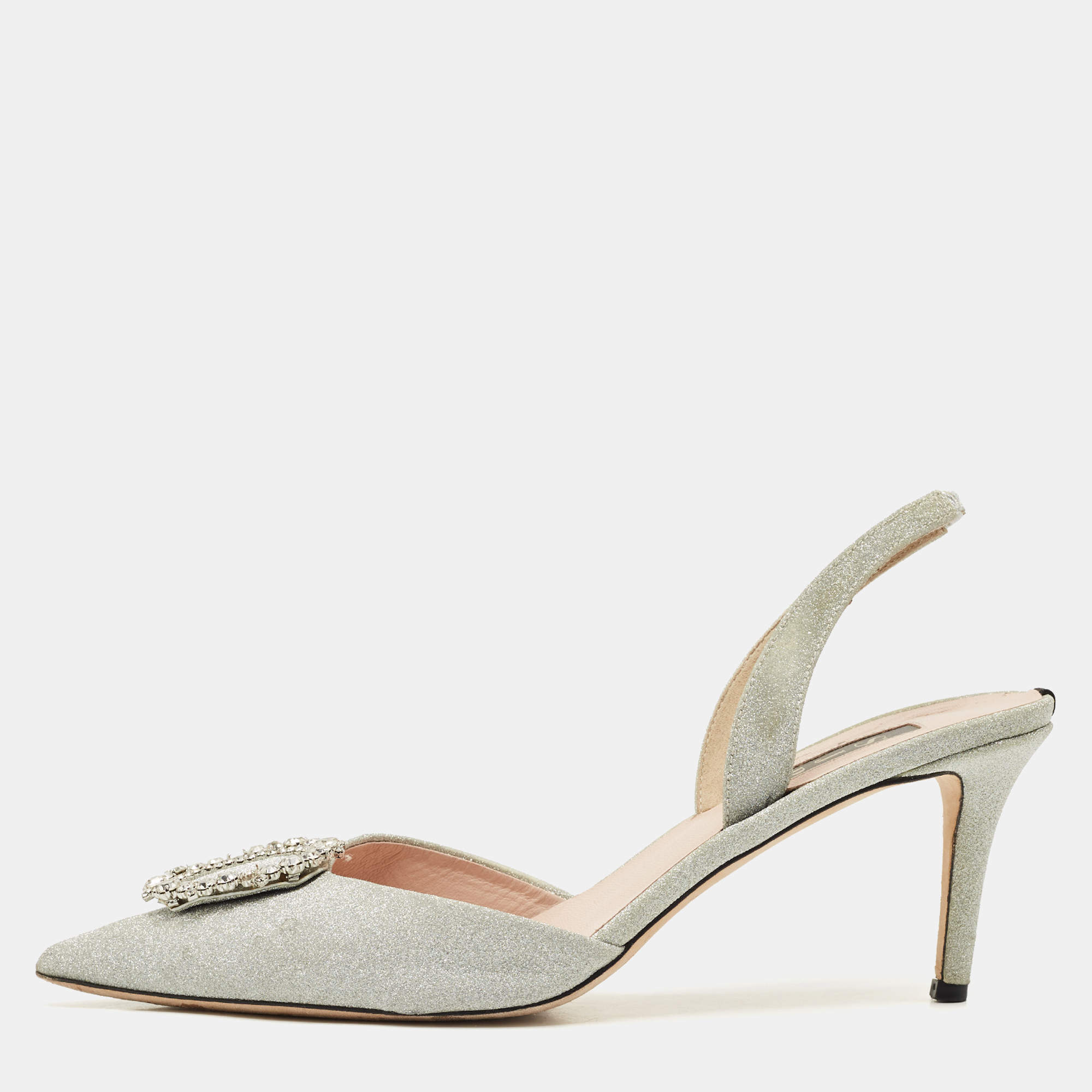 Pre Owned SJP Sarah Jessica Parker Silver Glitter Leather Mabel Slingback Pumps Size 40