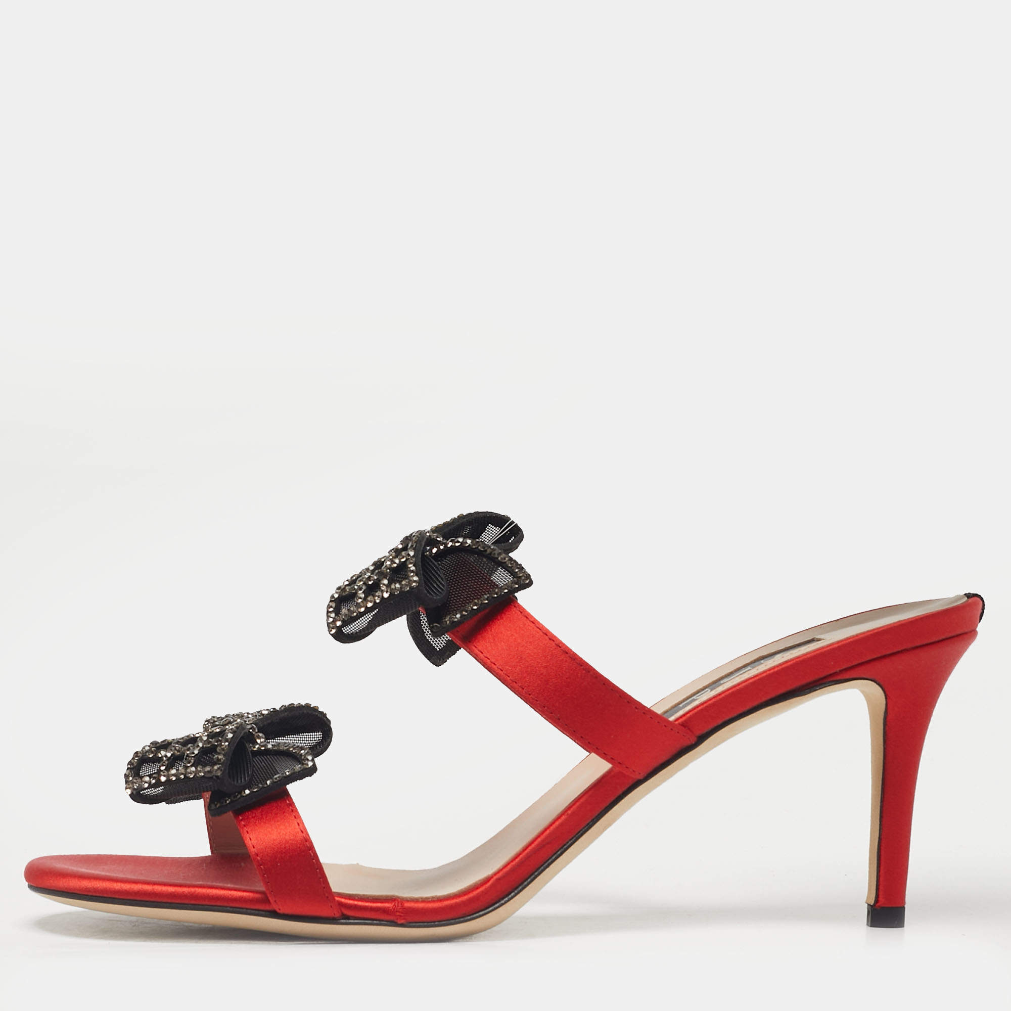 Pre Owned SJP Sarah Jessica Parker Red Satin Crystal Embellished Bow Slide Sandals Size 38.5