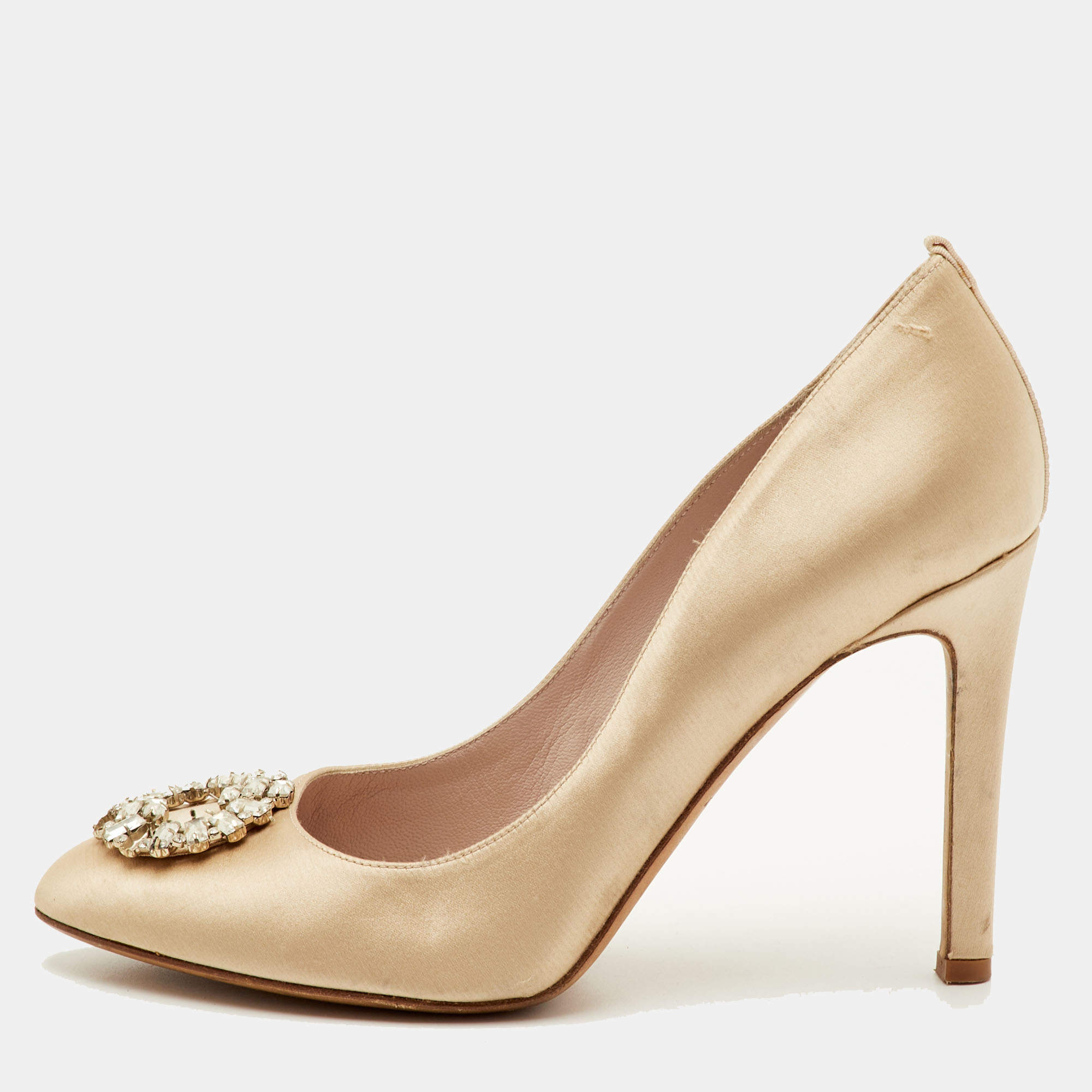 Pre Owned SJP Sarah Jessica Parker The LJ Recital Size 40.5 Beige Satin Crystal Embellished Pumps