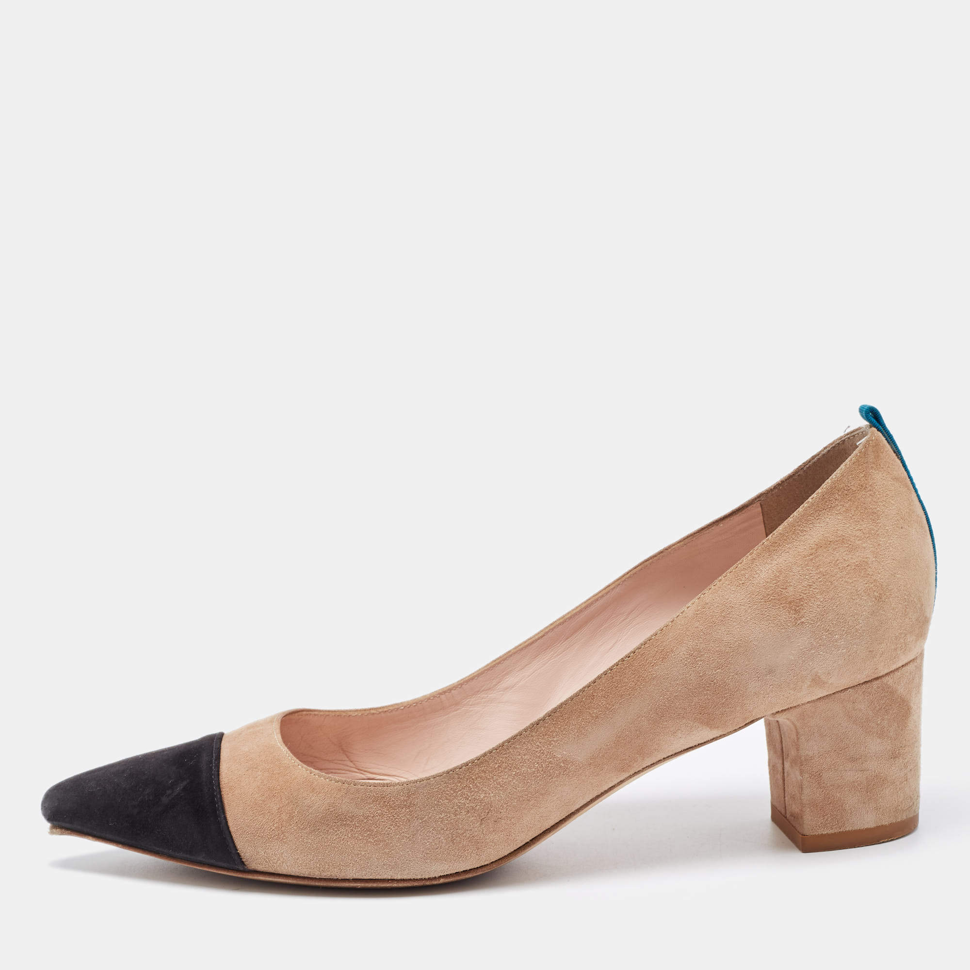 Pre Owned SJP Sarah Jessica Parker Beige/Black Suede Cap Toe Pointed Toe Pumps Size 36