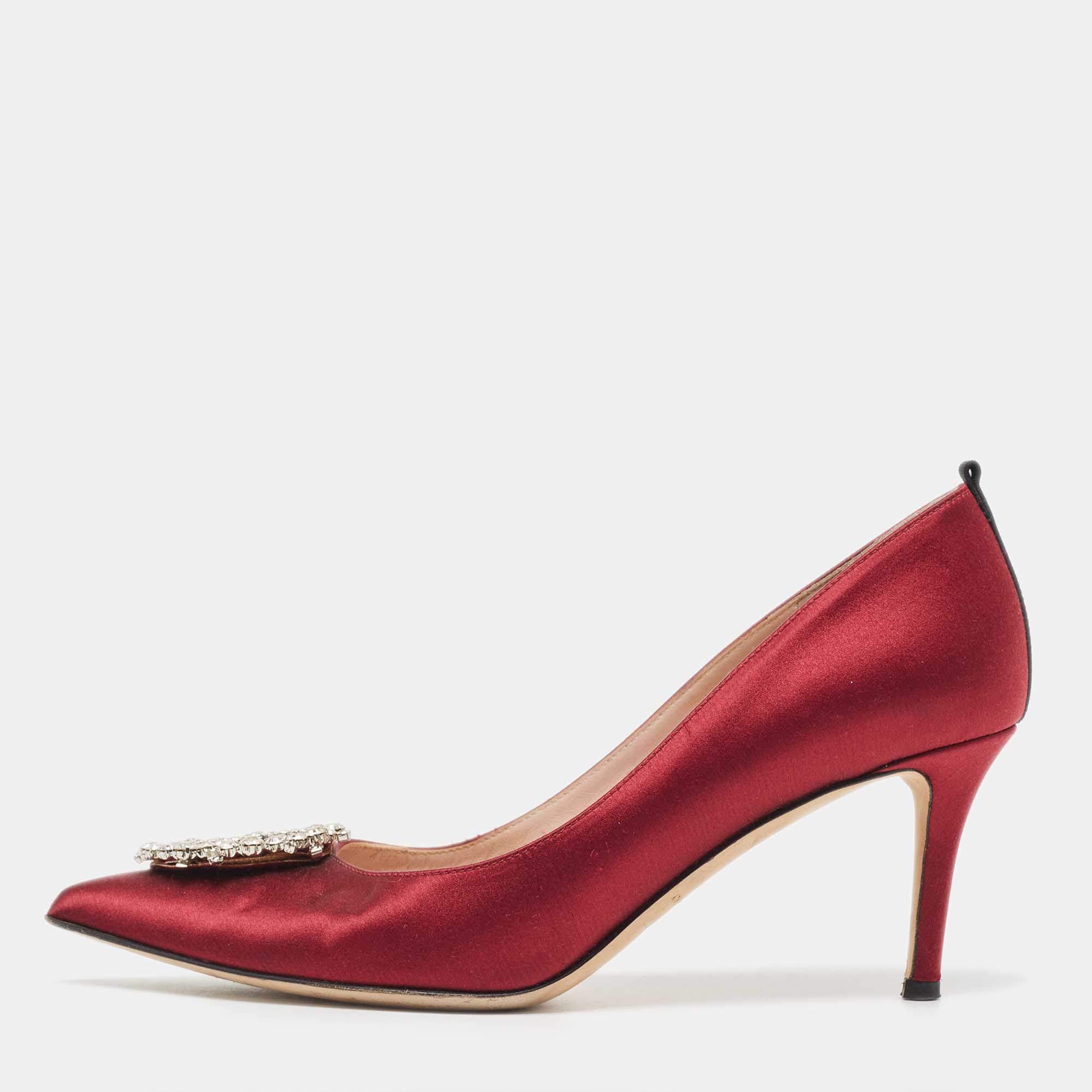 Pre Owned SJP Sarah Jessica Parker Burgundy Satin Crystal Embellished Pumps Size 37