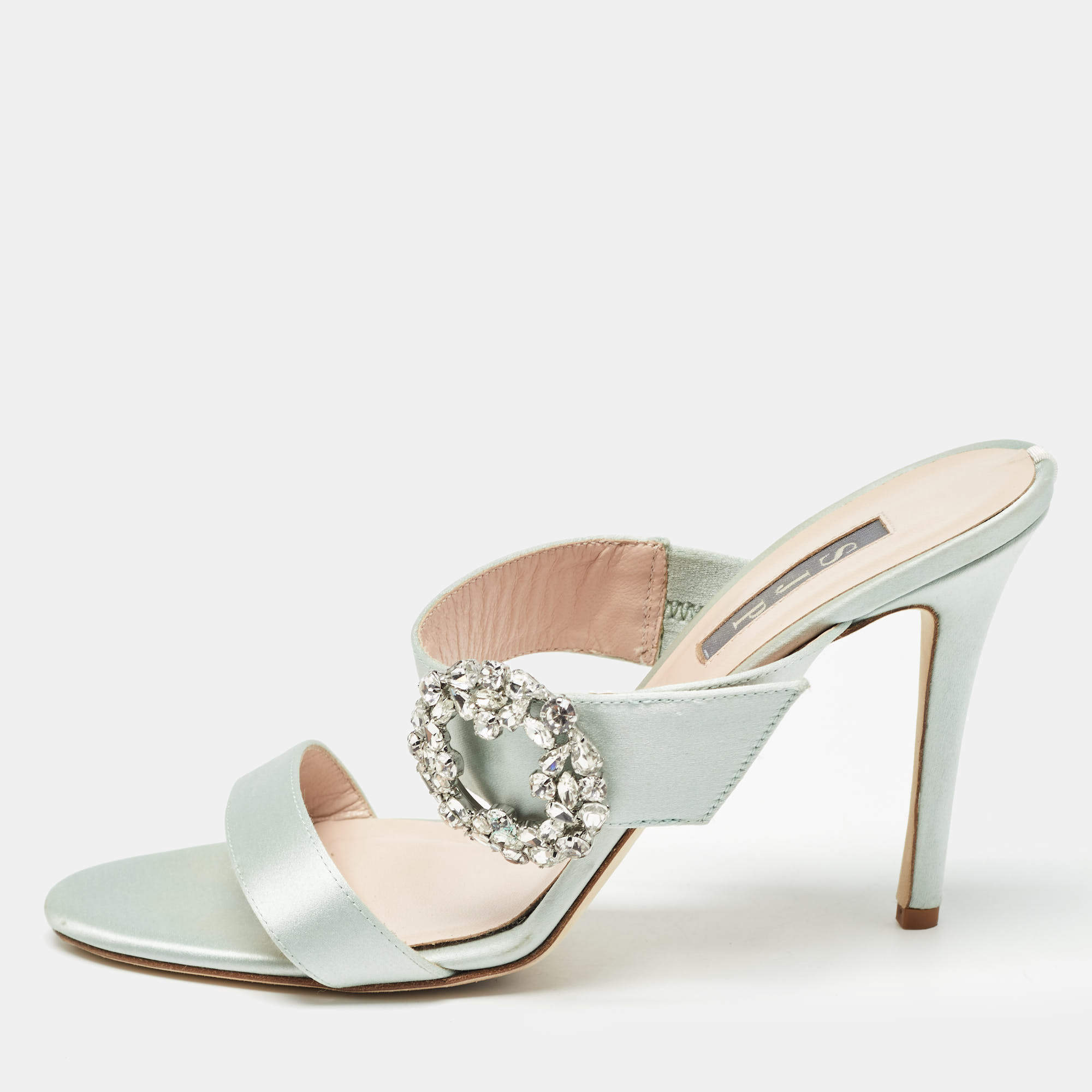 Pre Owned SJP Green Satin Crystal Embellished Slide Sandals Size 39