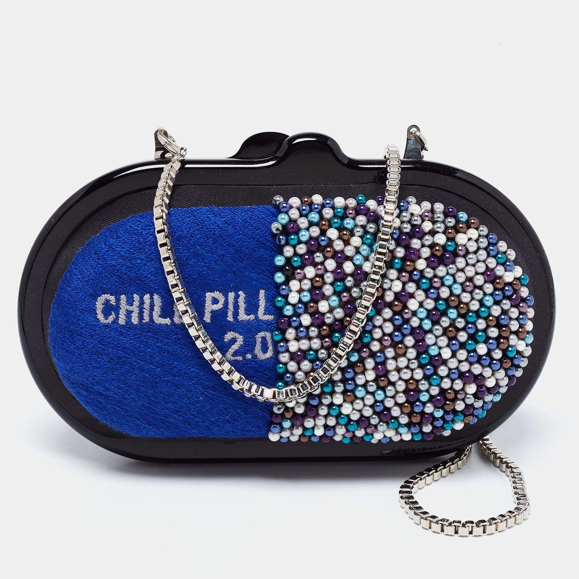 Sarah's Bag Blue/Multicolor Beaded Fabric Chill Pill 2.0 Chain Clutch