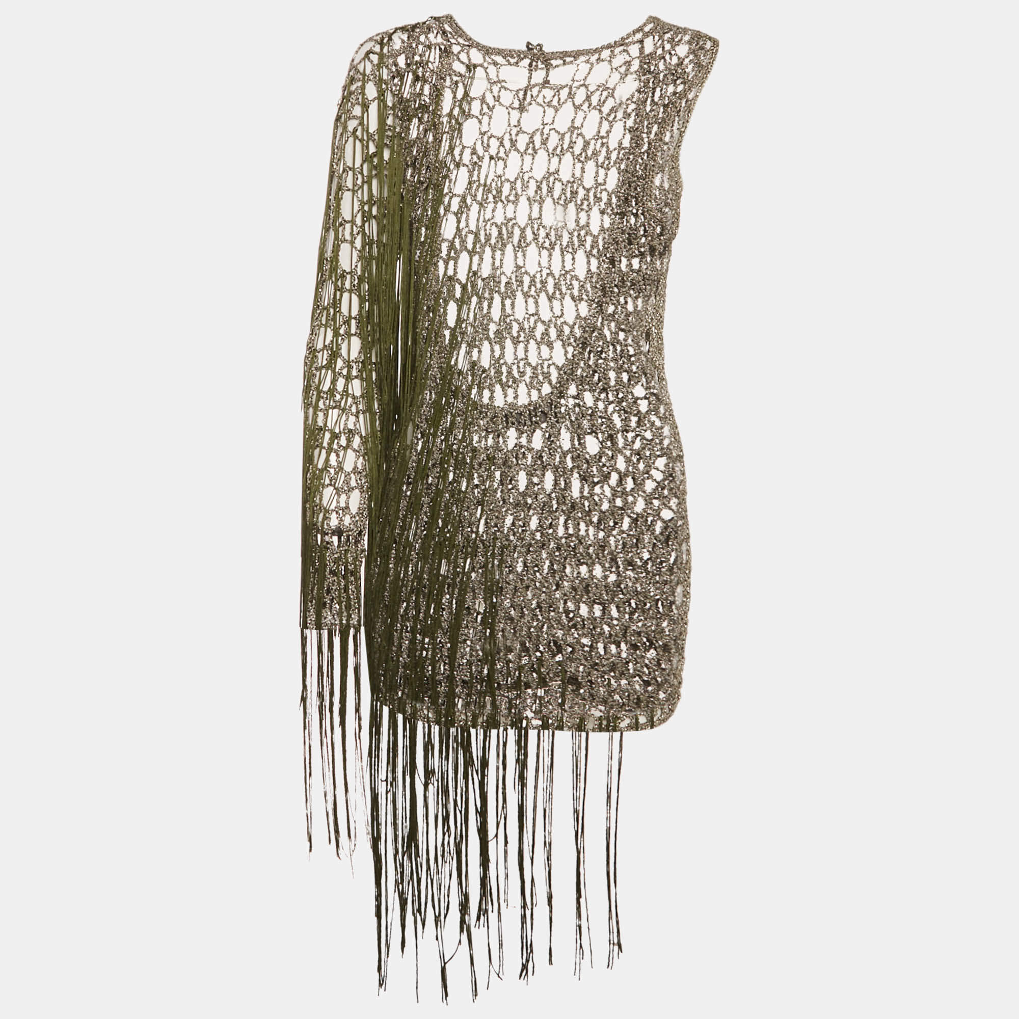 مملوكة مسبقًا Sādh Green Crochet Fringed Sheer Asymmetric Sleeve Top M