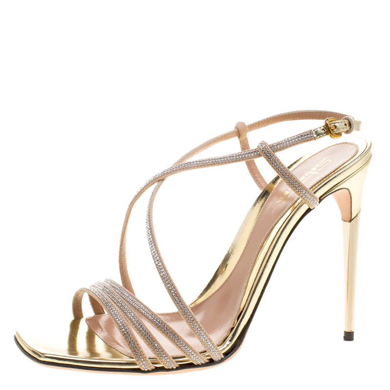 Sebastian Beige Crystal Embellished Suede Cross Strap Open Toe Sandals Size 39