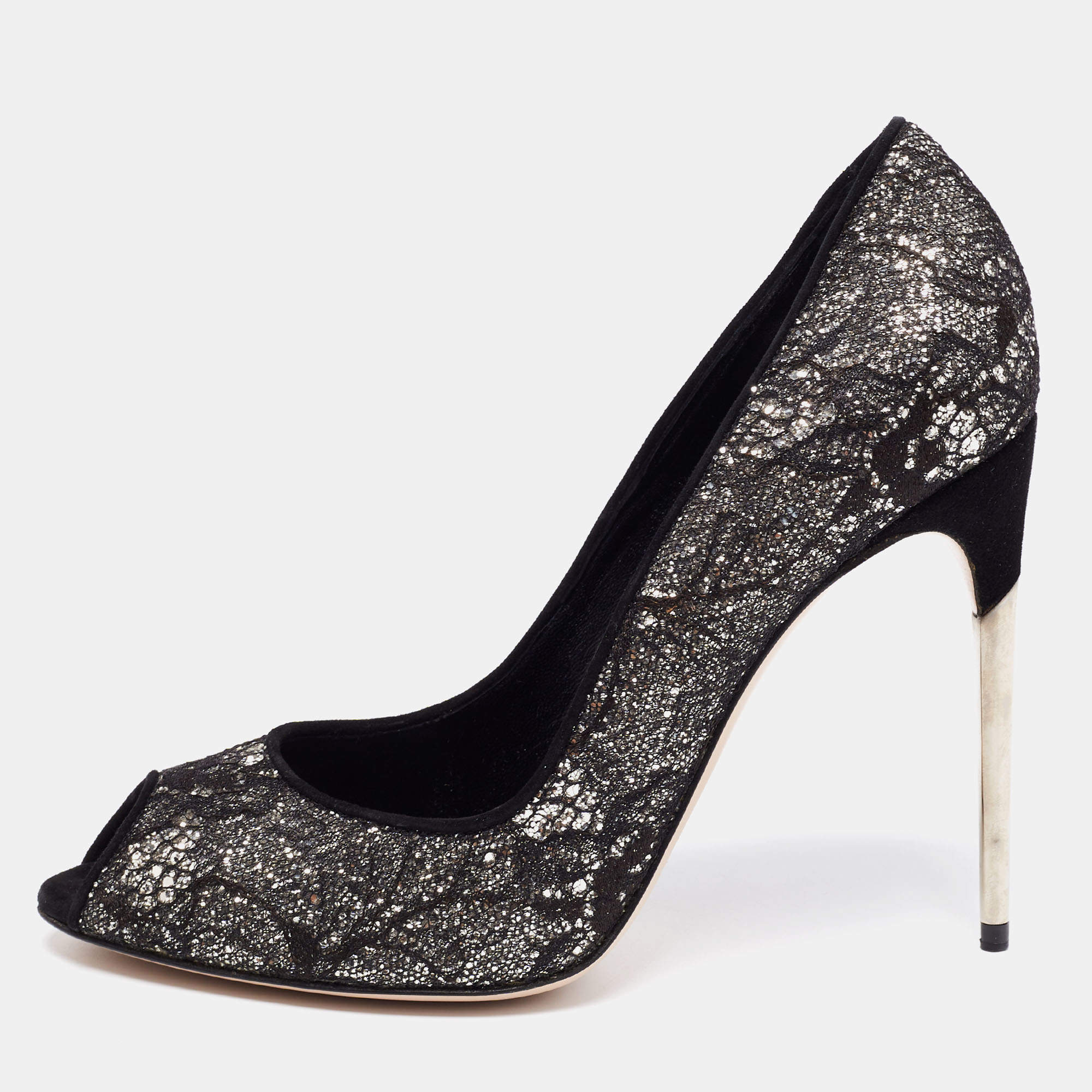 Sebastian Black Lace And Glitter Peep Toe Pumps Size 40