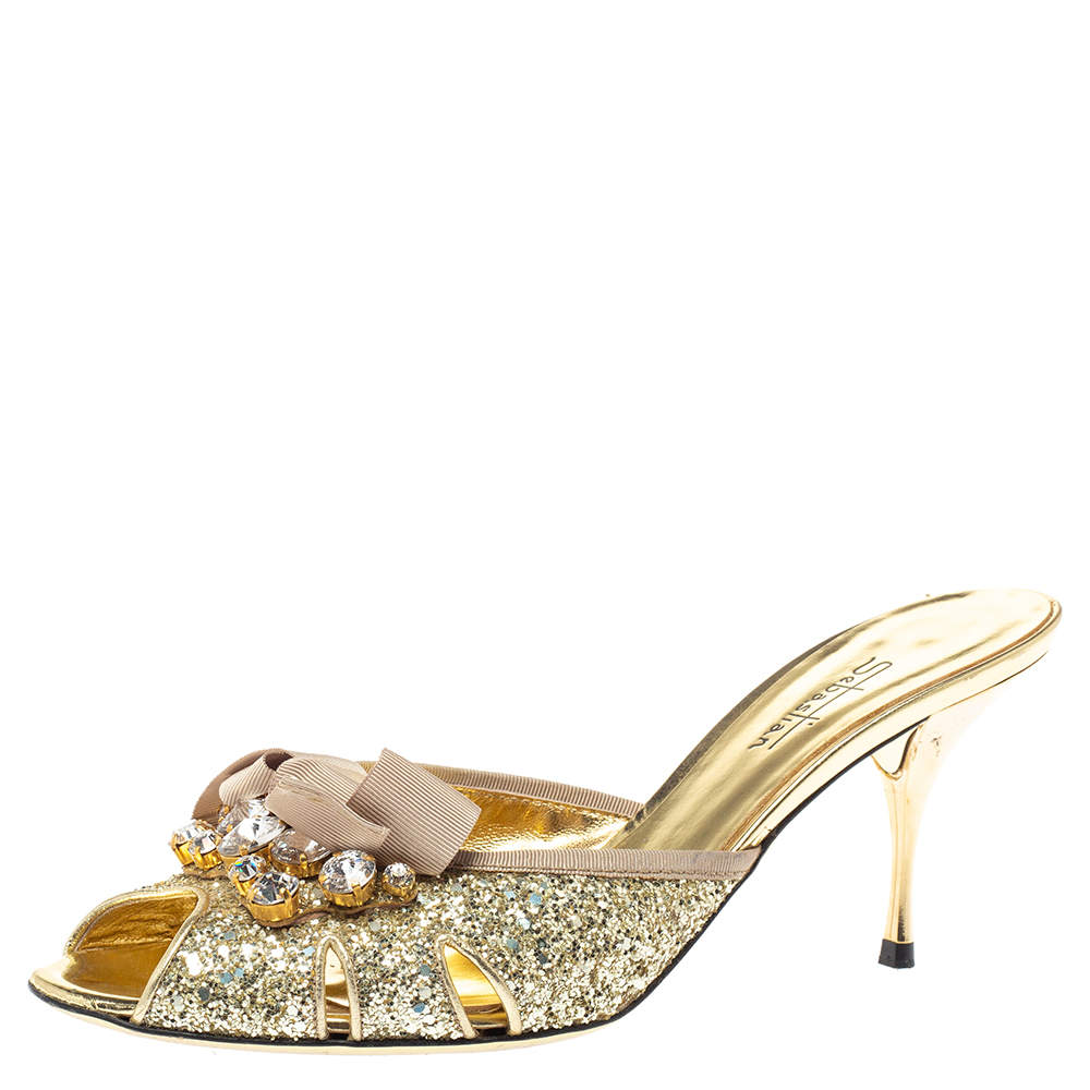 Sebastian Gold Glitter Bow Peep Toe Sandals Size 40