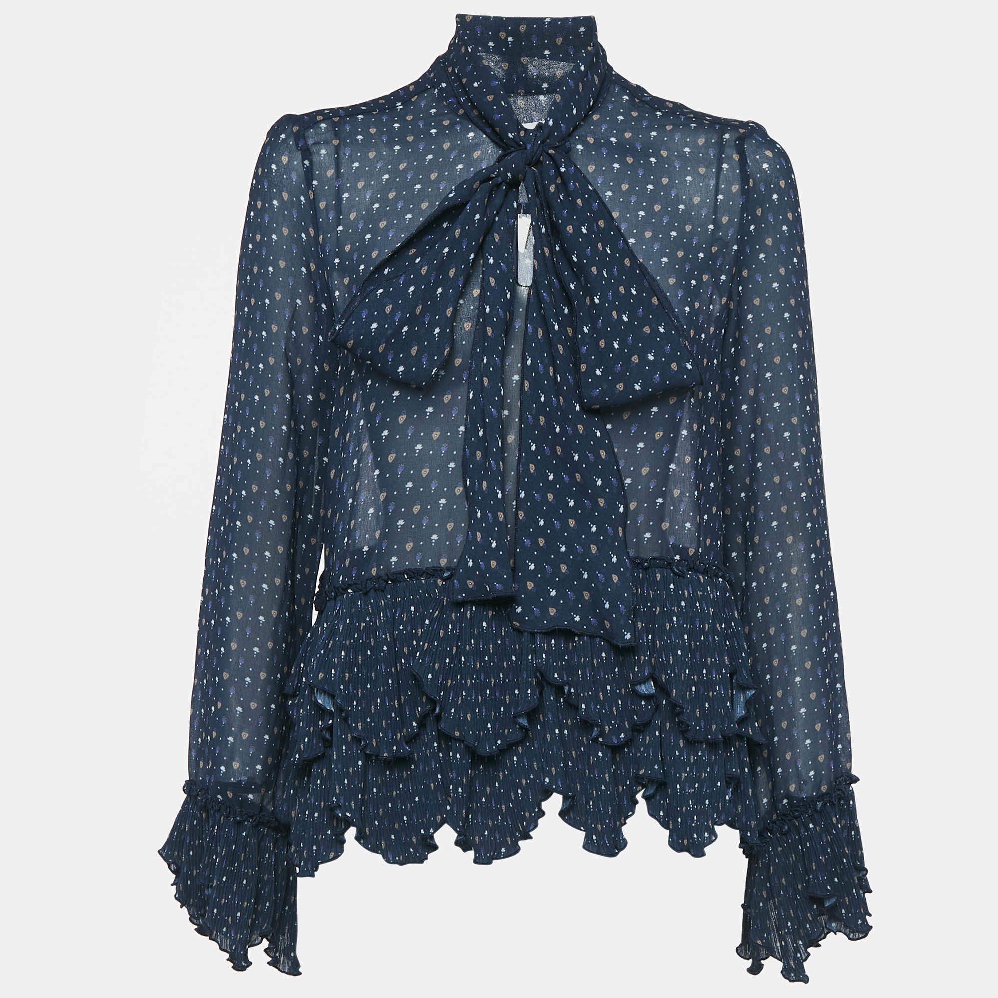 Pre Owned See by Chloe Navy Blue Printed Crepe Asymmetric Plisse Blouse M