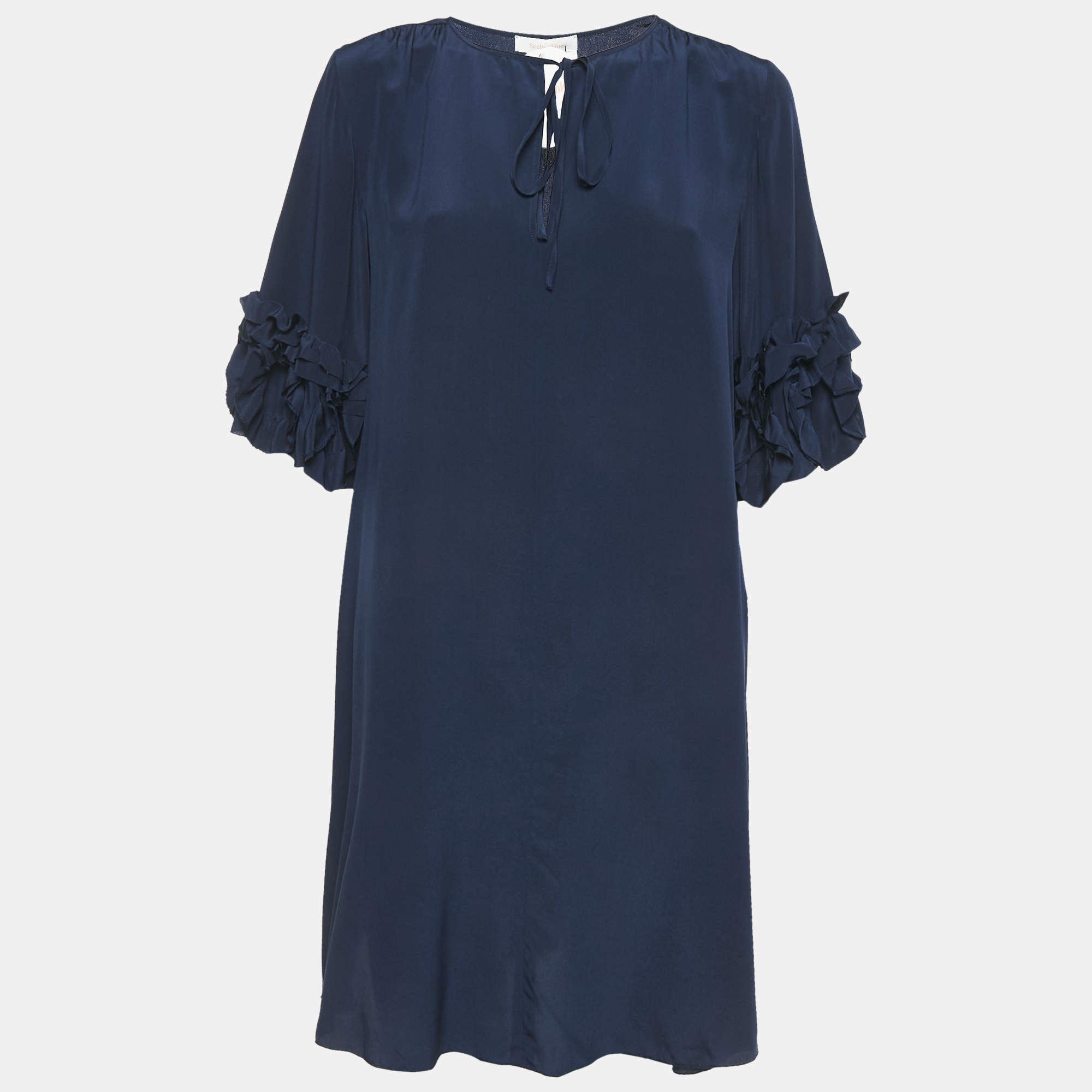 See by Chloe Navy Blue Silk Ruffled Mini Dress M