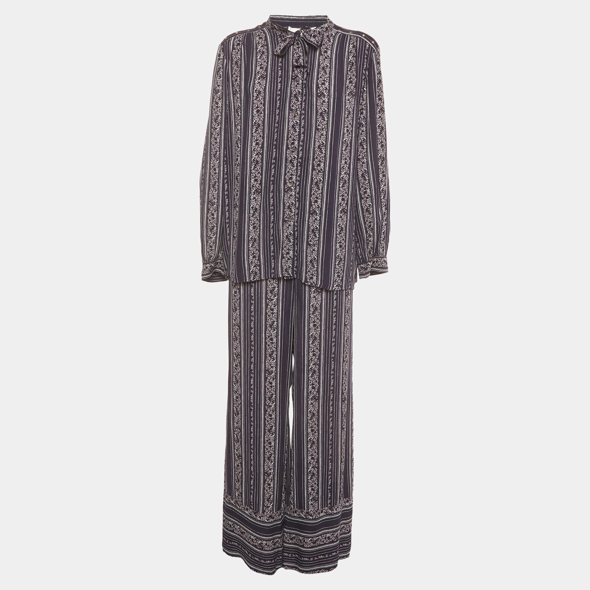 Pre Owned See by Chloe Navy Blue Stripe Floral Print Crepe Top and Pant Set L