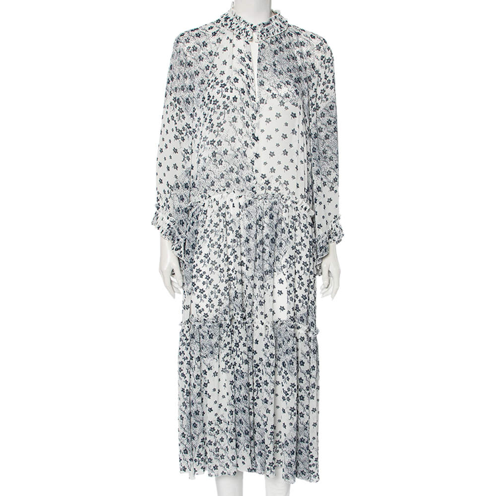 Pre Owned See by Chloe White & Blue Floral Printed Chiffon Tiered Midi Dress M 
