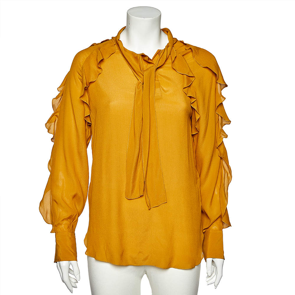مملوكة مسبقًا See by Chloe Mustard Yellow Silk Chiffon Neck Tie Detail Ruffled  Top M