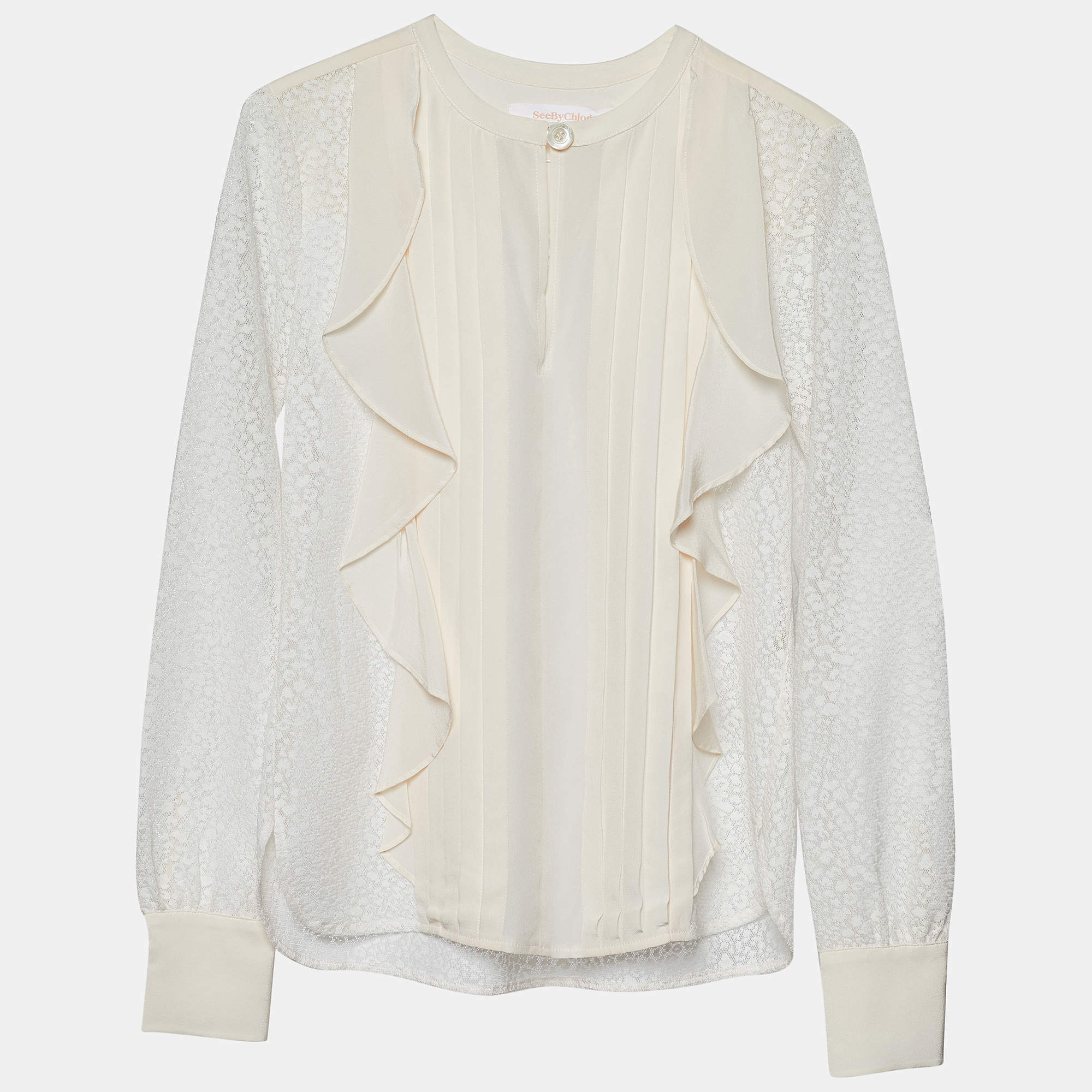 Pre Owned See by Chloe White Lace & Silk Paneled Ruffle Detail Blouse S 