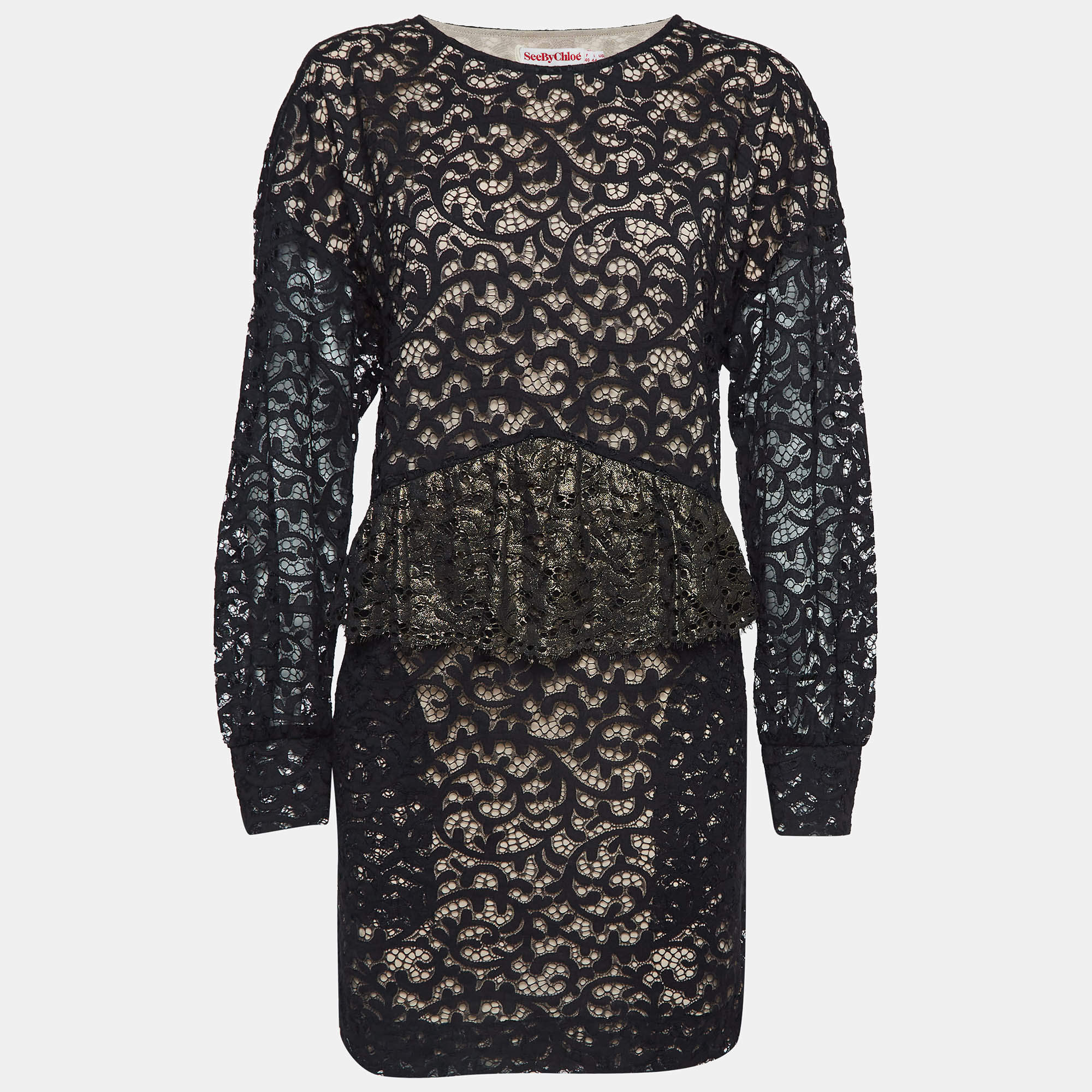 See by Chloe Black Patterned Lace Ruffled Short Dress L