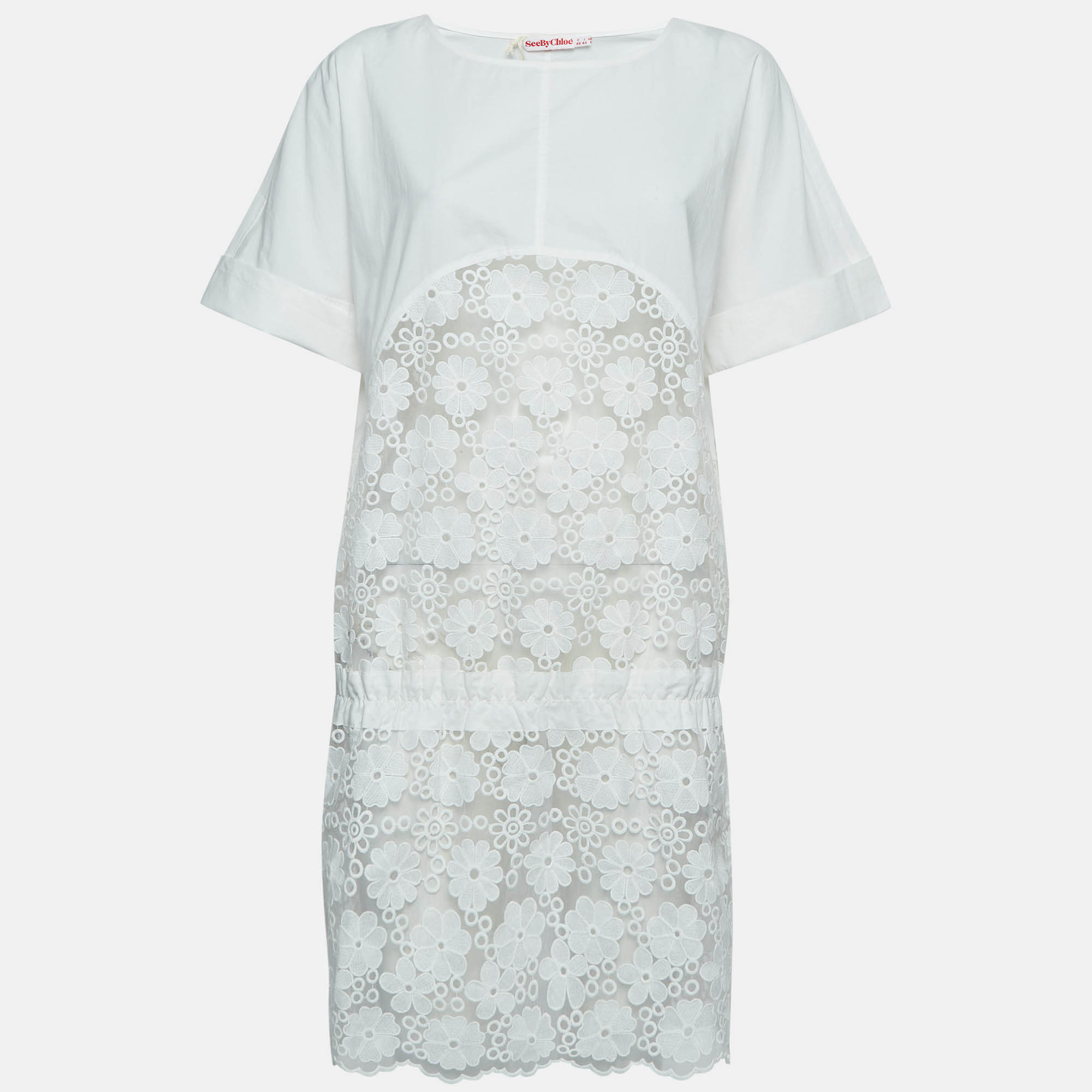 See by Chloé White Floral Embroidered Cotton and Nylon Sheer Short Dress M