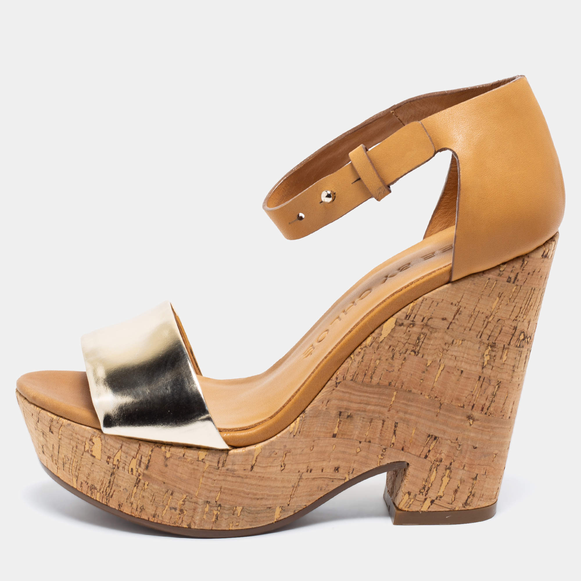 مملوكة مسبقًا See by Chloe Metallic Gold/Brown Leather Cork Wedge Ankle Strap Sandals Size 36