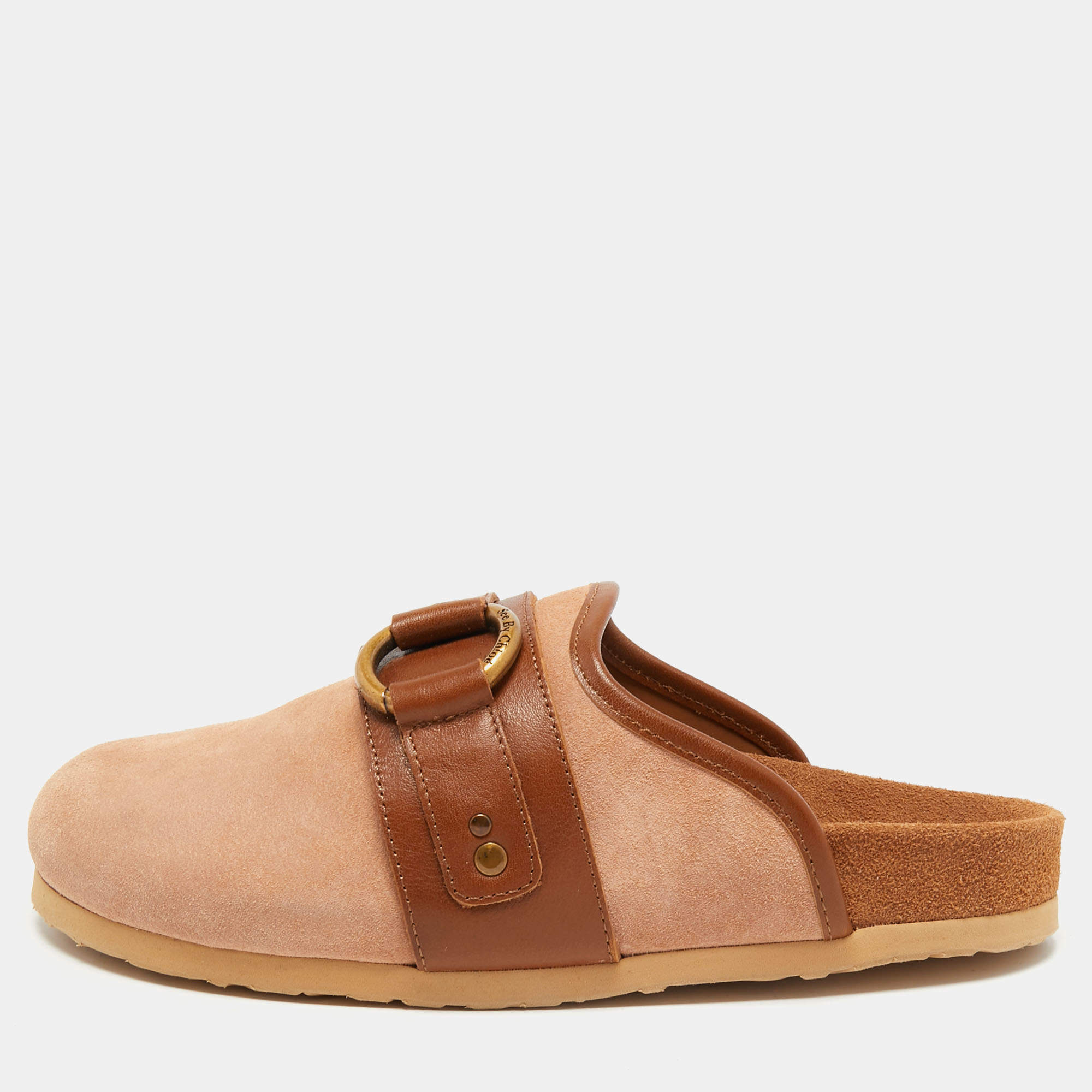 Pre Owned See by Chloe Beige/Brown Suede and Leather Gema Flat Mules Size 37