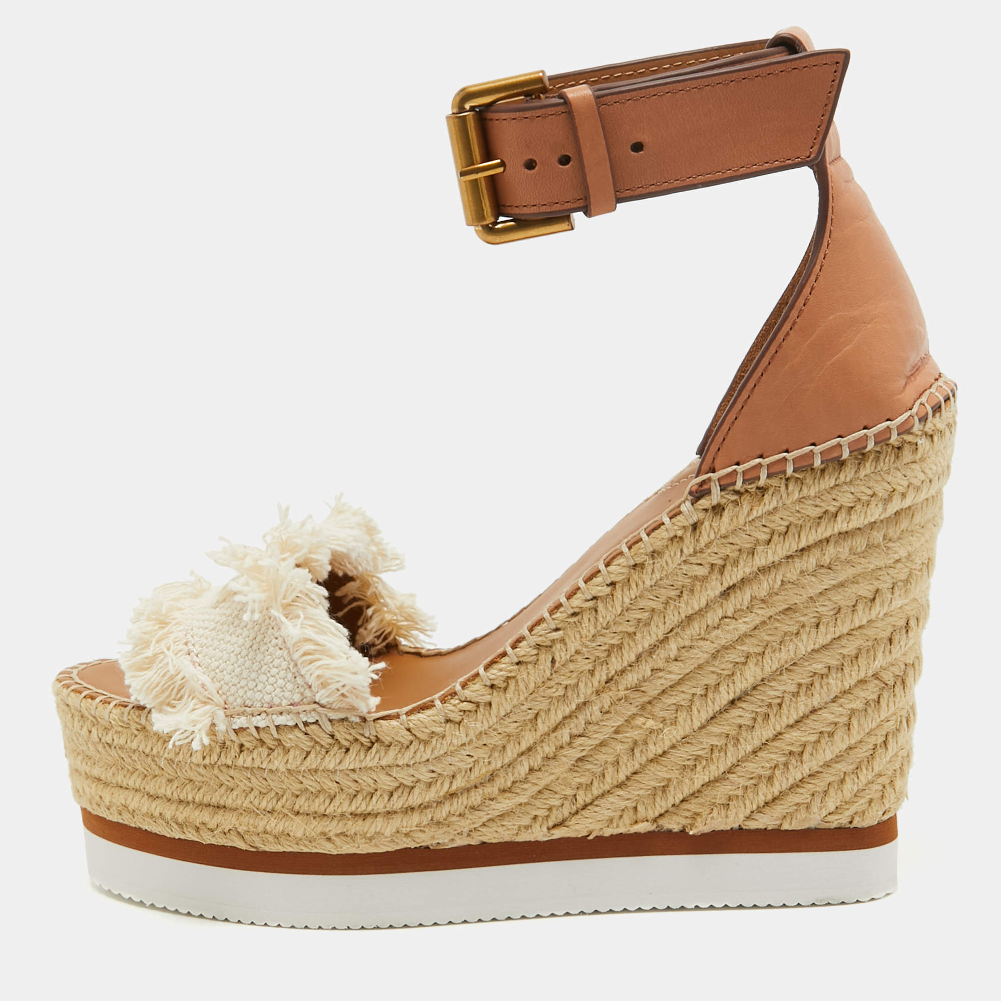 Pre Owned See By Chloe White/Brown Canvas and Leather Espadrille Wedge Sandals Size 36
