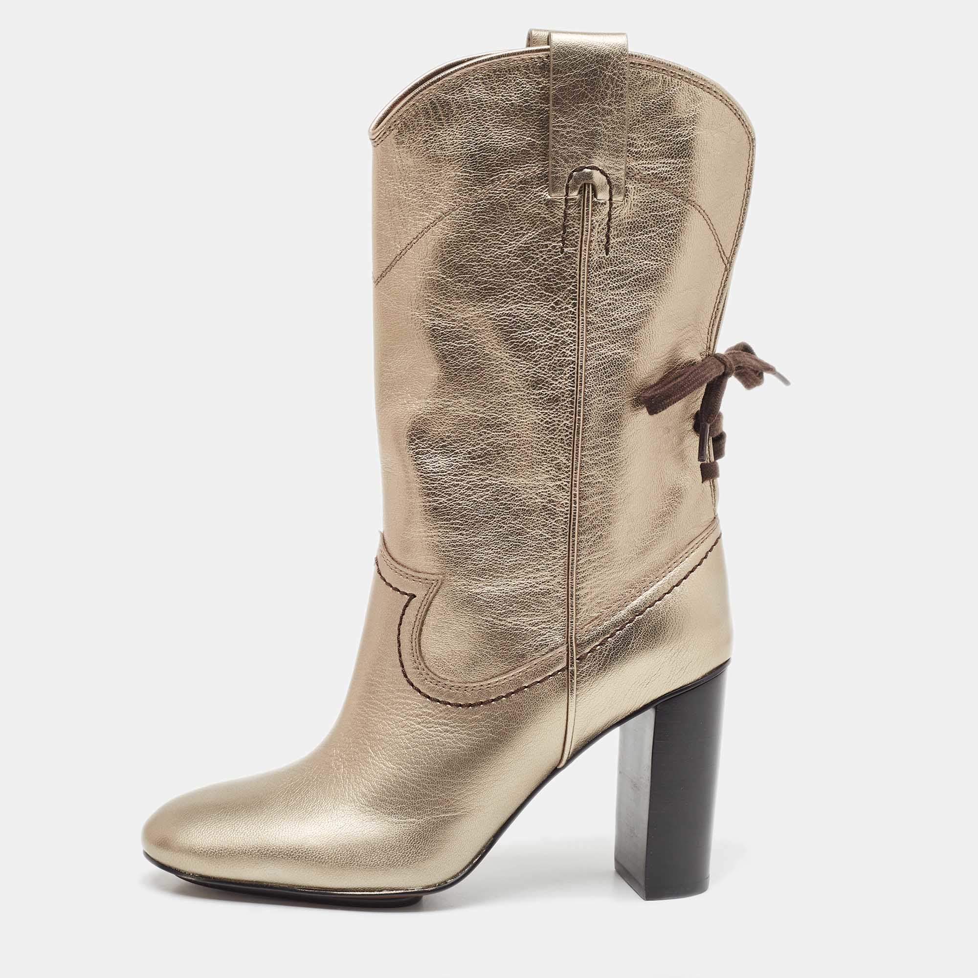 Pre Owned See by Chloe Gold Leather Ankle Boots Size 38