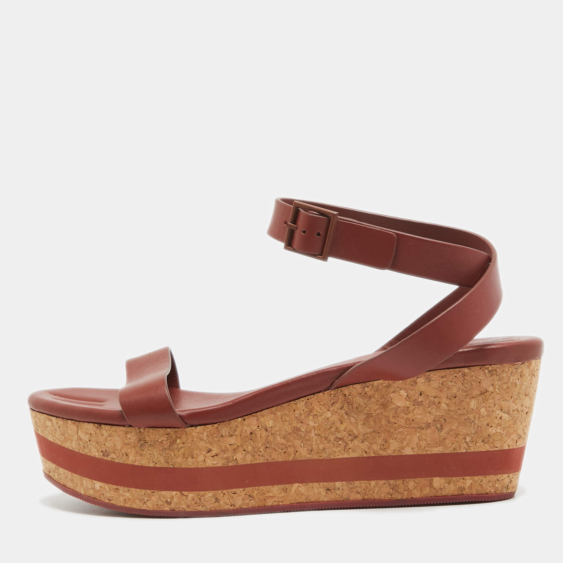 See by Chloe Brown Leather Cork Wedge Platform Ankle Strap Sandals Size 39.5