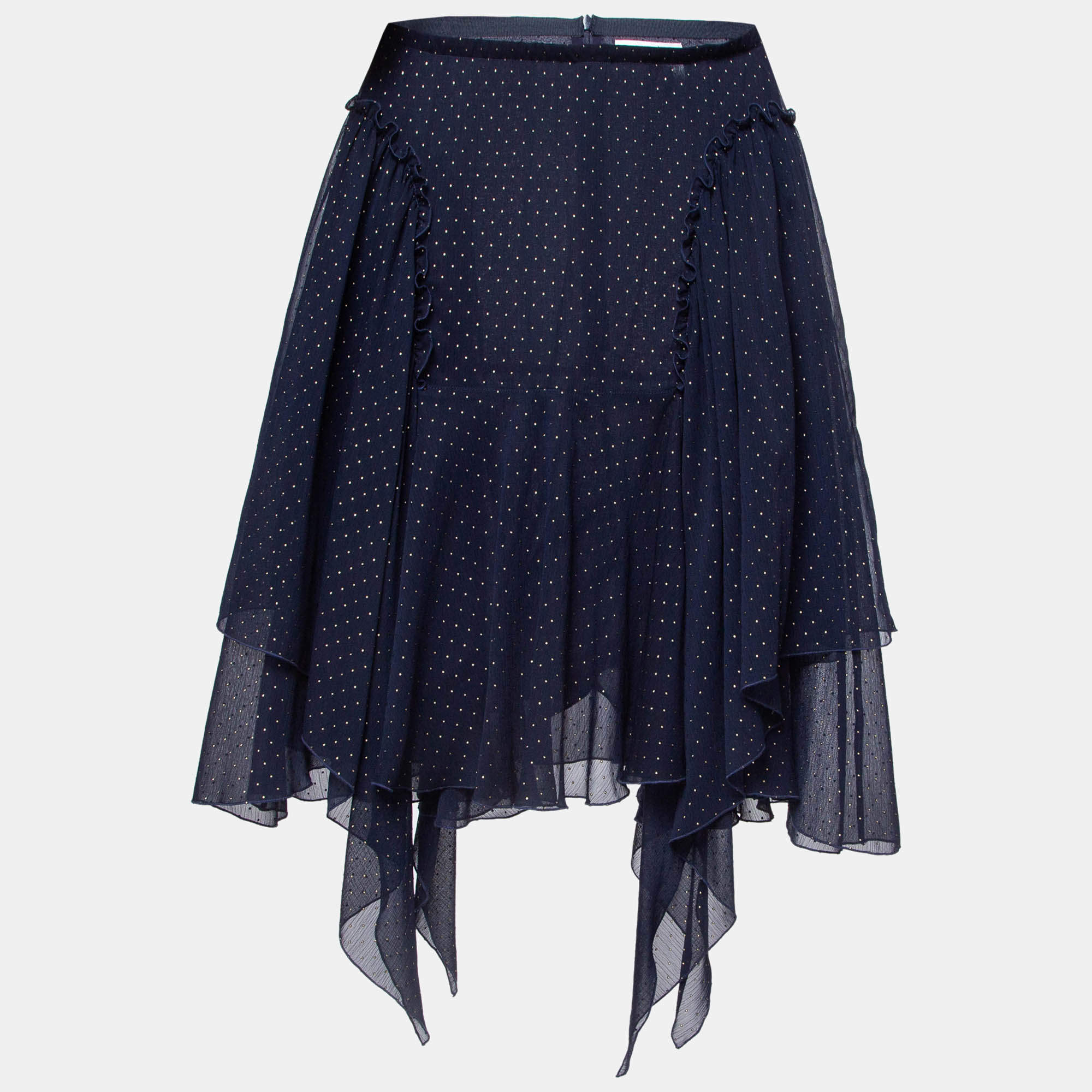 See by Chloe Navy Blue Dotted Chiffon Ruffled Skirt L