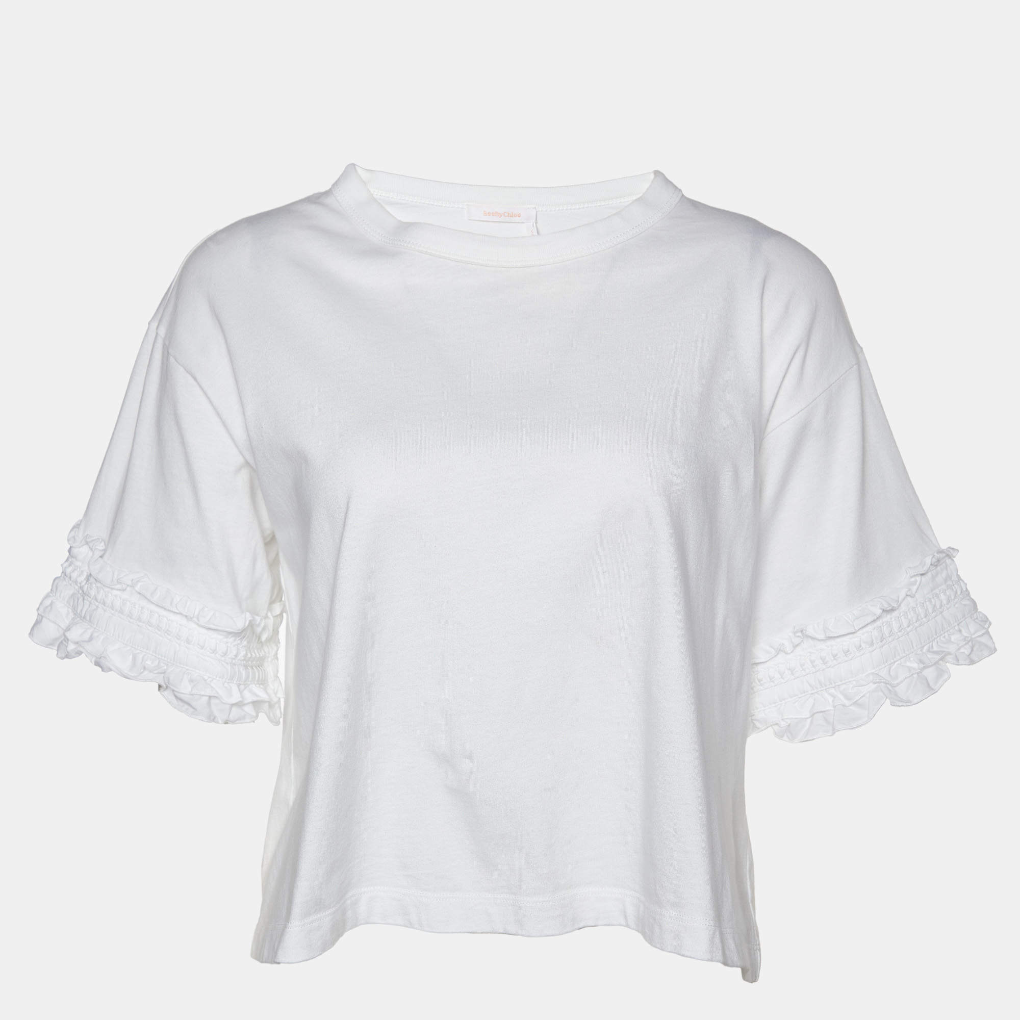 See by Chloe White Cotton Ruffled Sleeve Detail T-Shirt M
