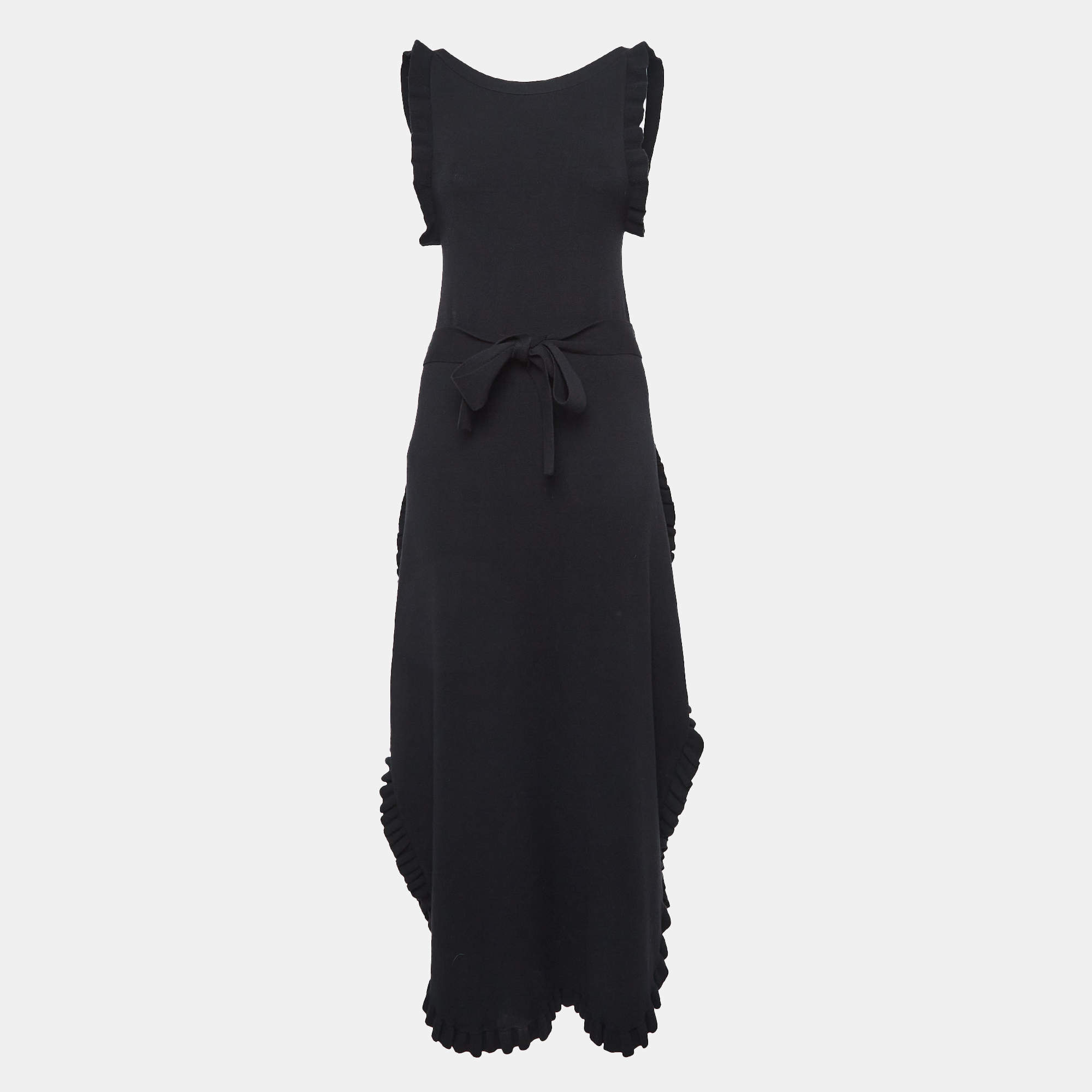 مملوكة مسبقًا See by Chloe Black Rib Stretch Knit Ruffled Midi Dress M