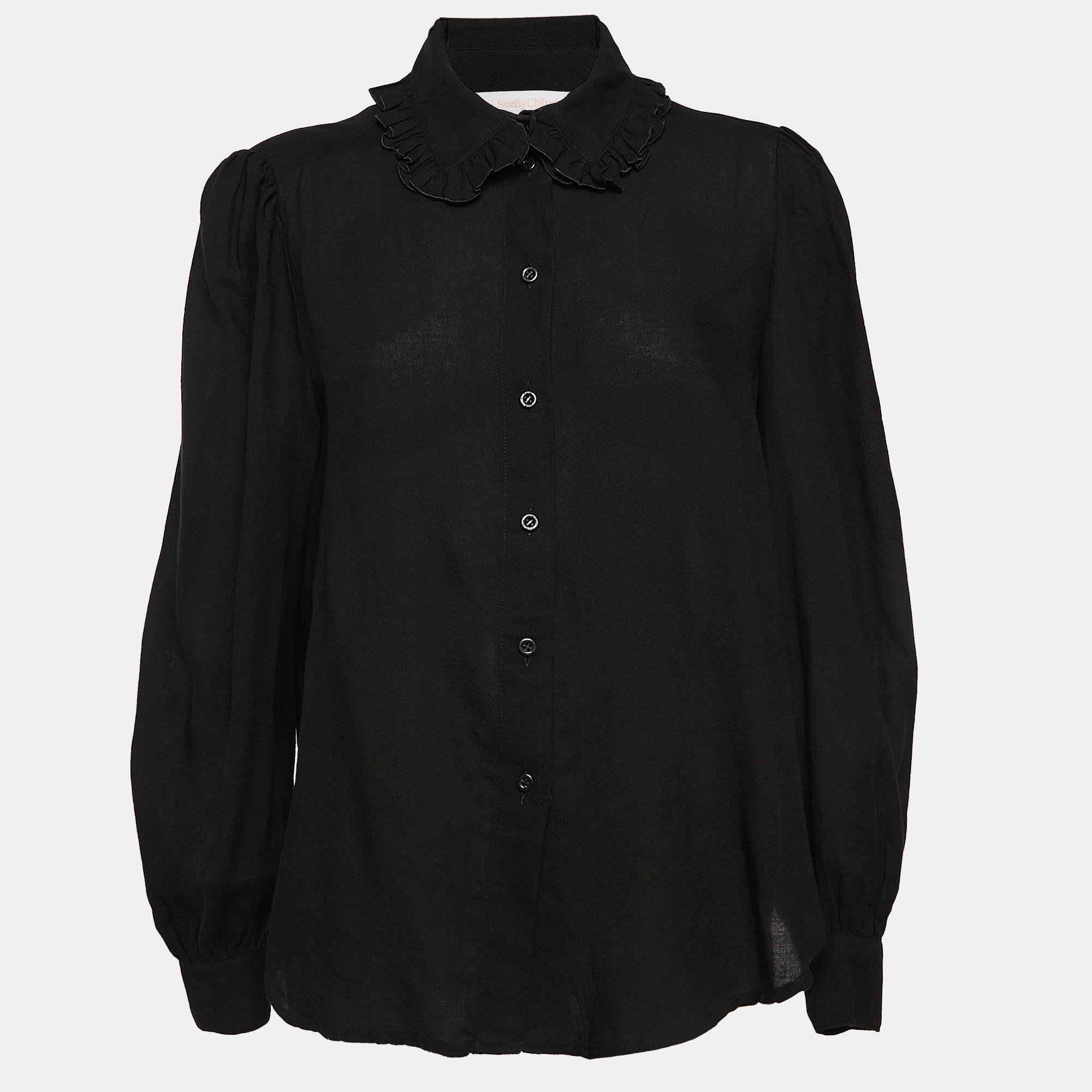 Pre Owned See by Chloe Black Crepe Button Front Ruffled Collar Shirt L
