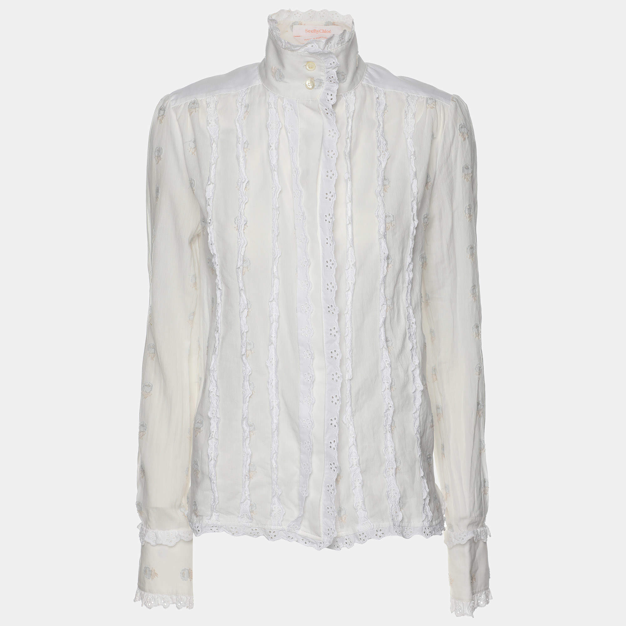 See by Chloe White Cotton Ruffled Detail Top S