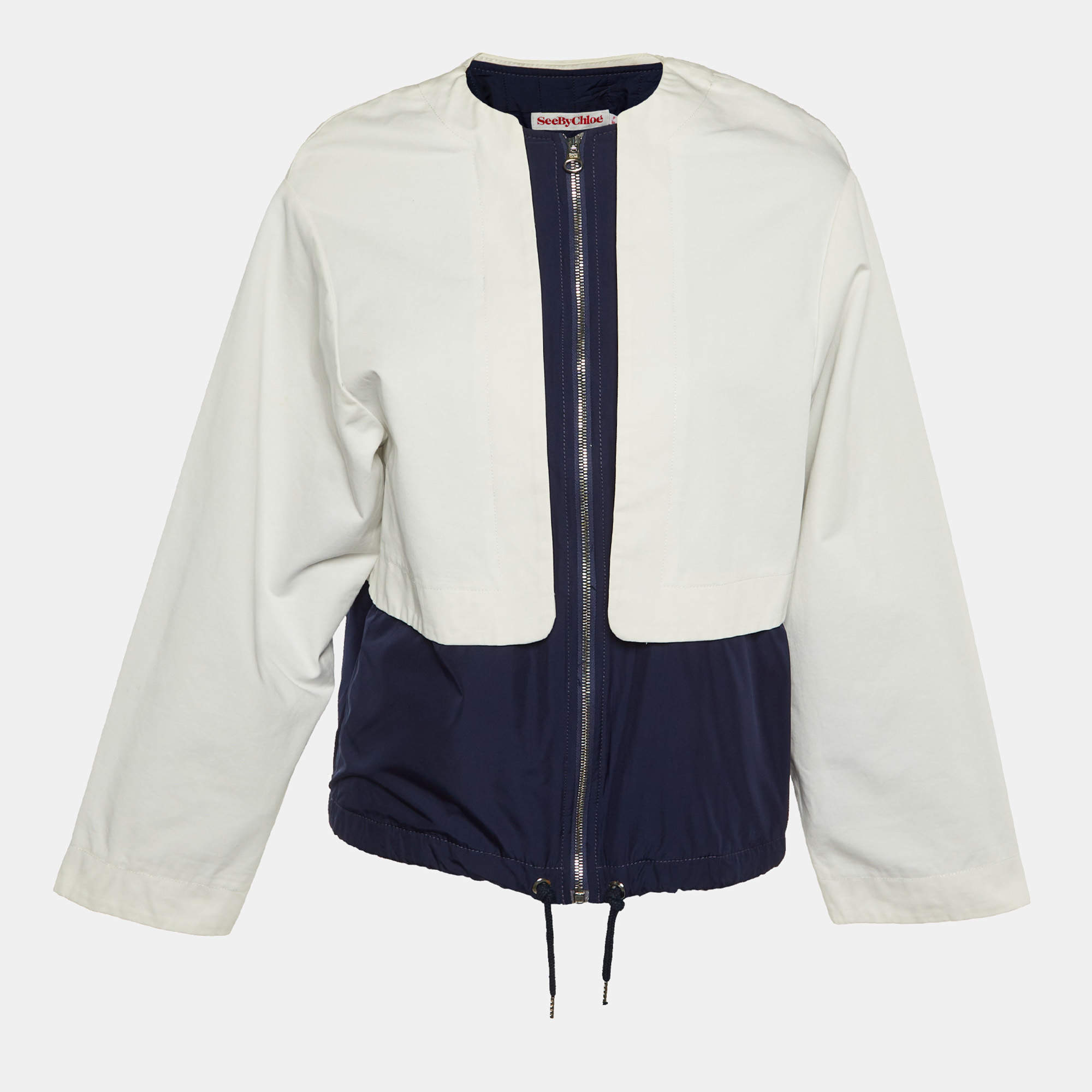 Pre Owned See by Chloé Navy Blue/White Quilted Cotton Zip Up Jacket S