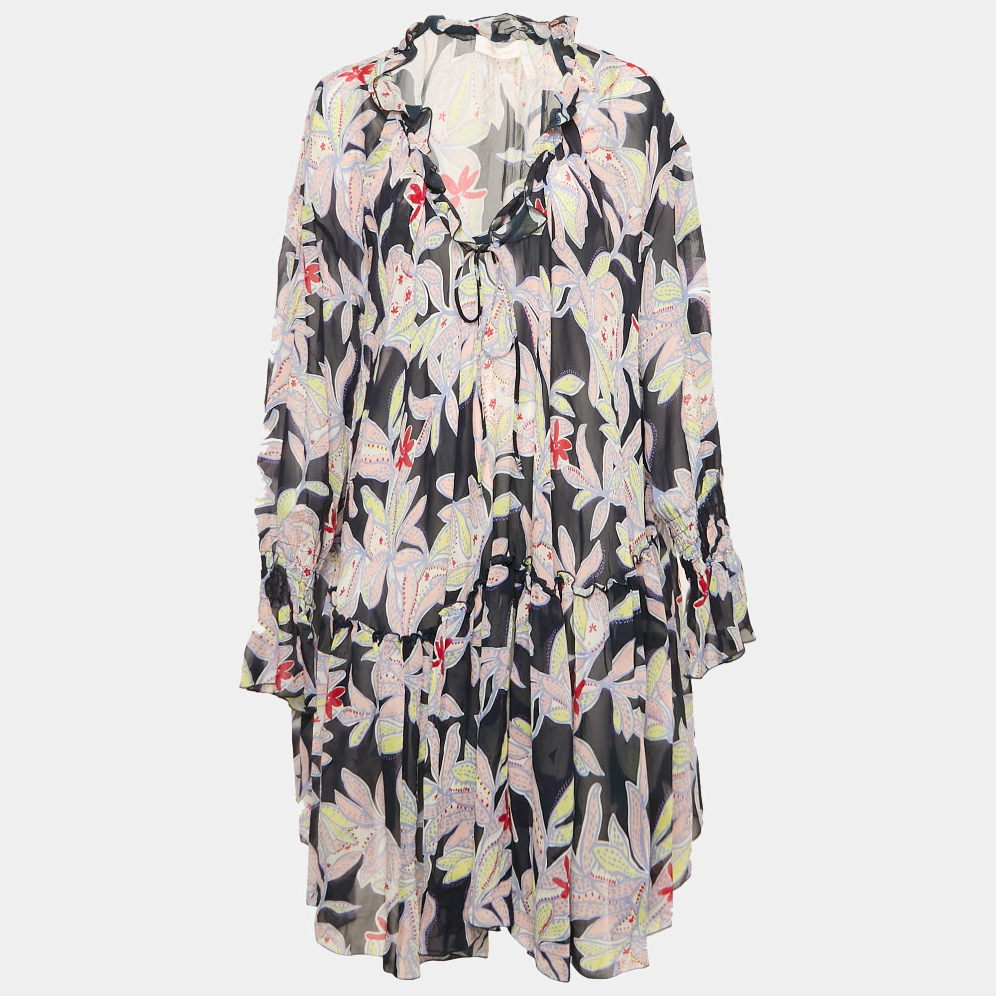 See by Chloe Blue Floral Print Silk Ruffled Shift Dress XL
