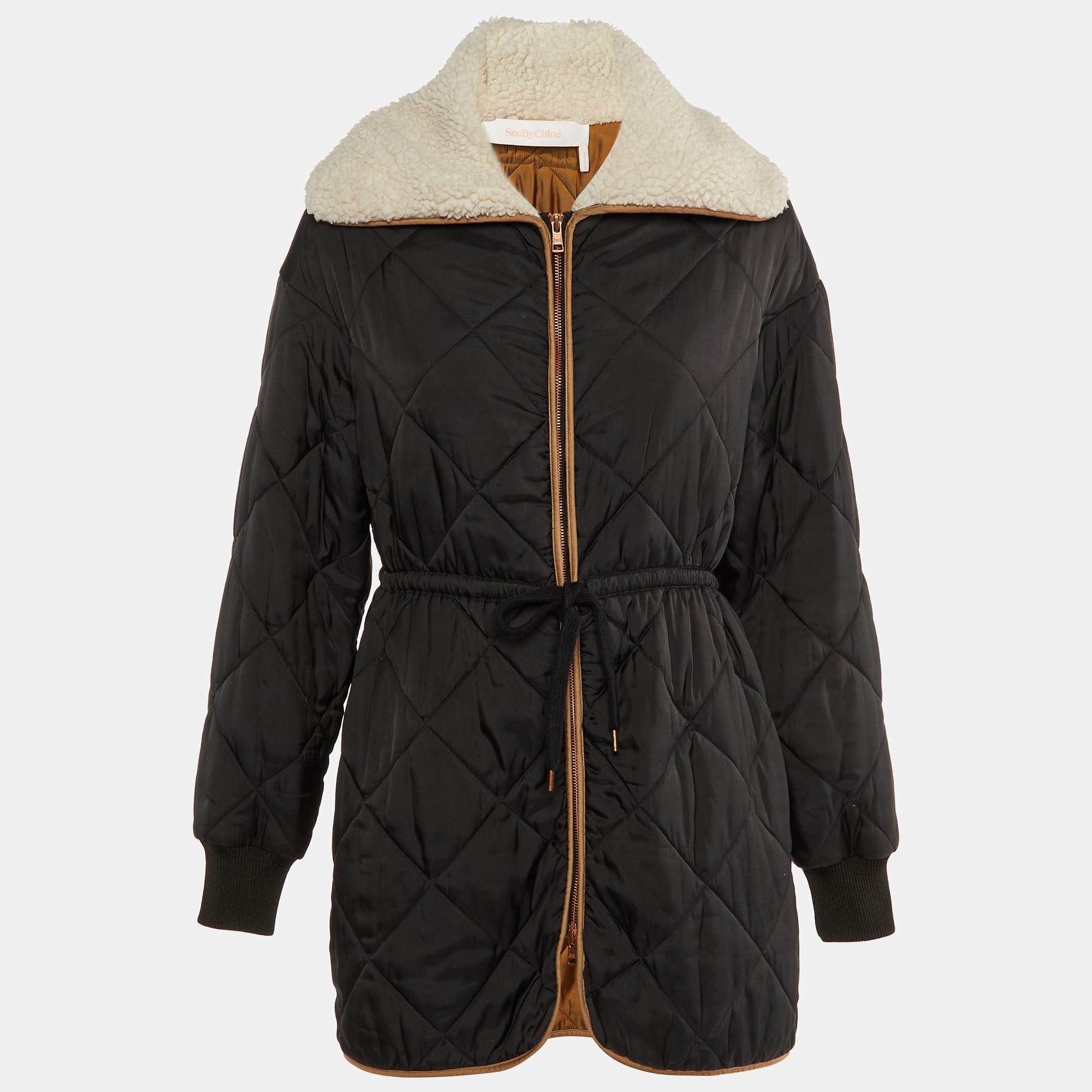See by Chloe Black Quilted faux Shearling Collar Long Jacket S