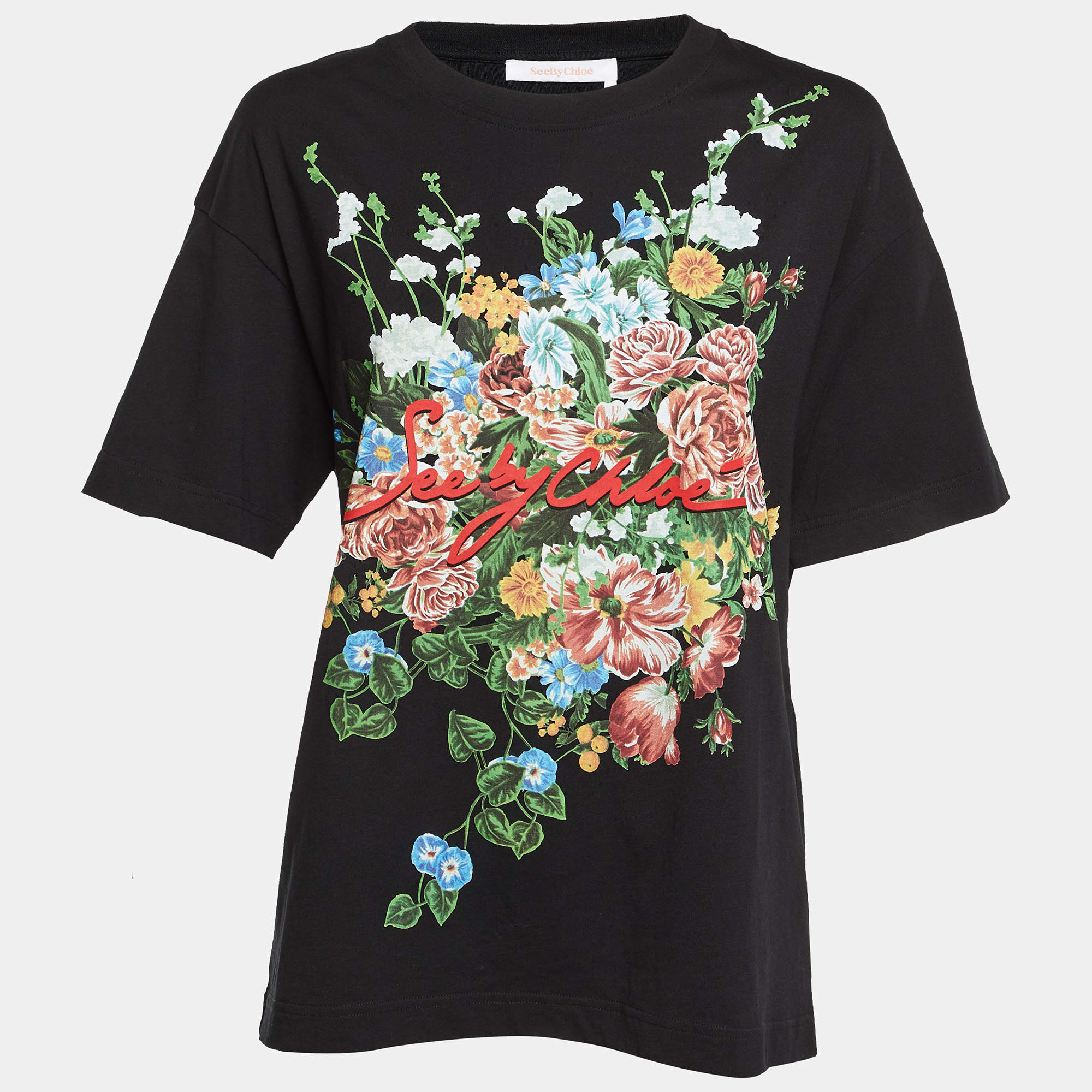Pre Owned See by Chloe Black Floral Print Cotton Crew Neck T-Shirt S 