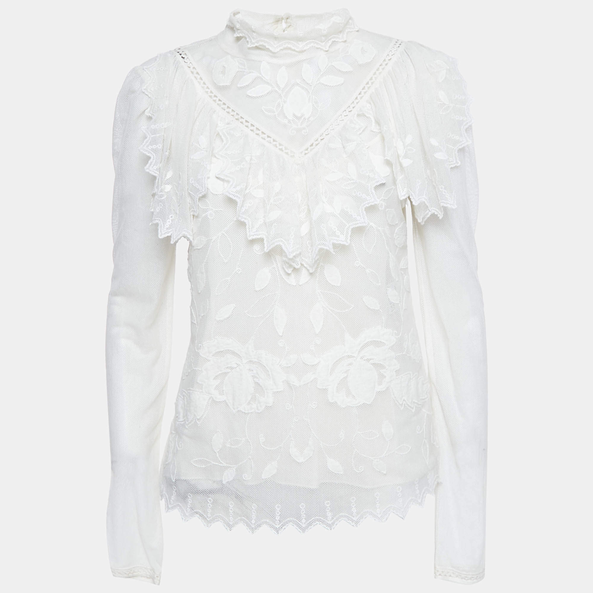 Pre Owned See by Chloé White Mesh Frill Neck Detail Blouse M