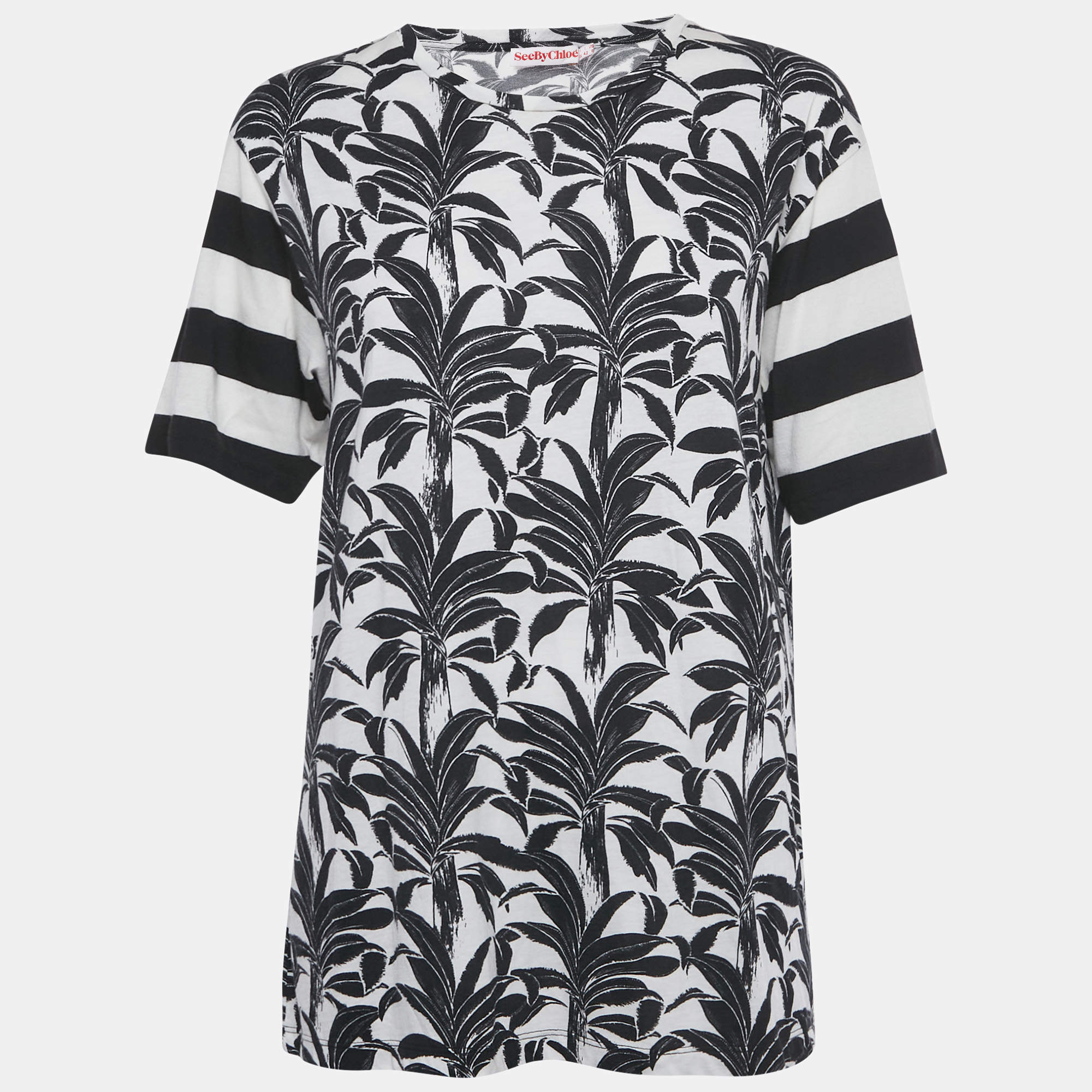 Pre Owned See by Chloe White /Black Printed Modal & Cotton T-shirt M