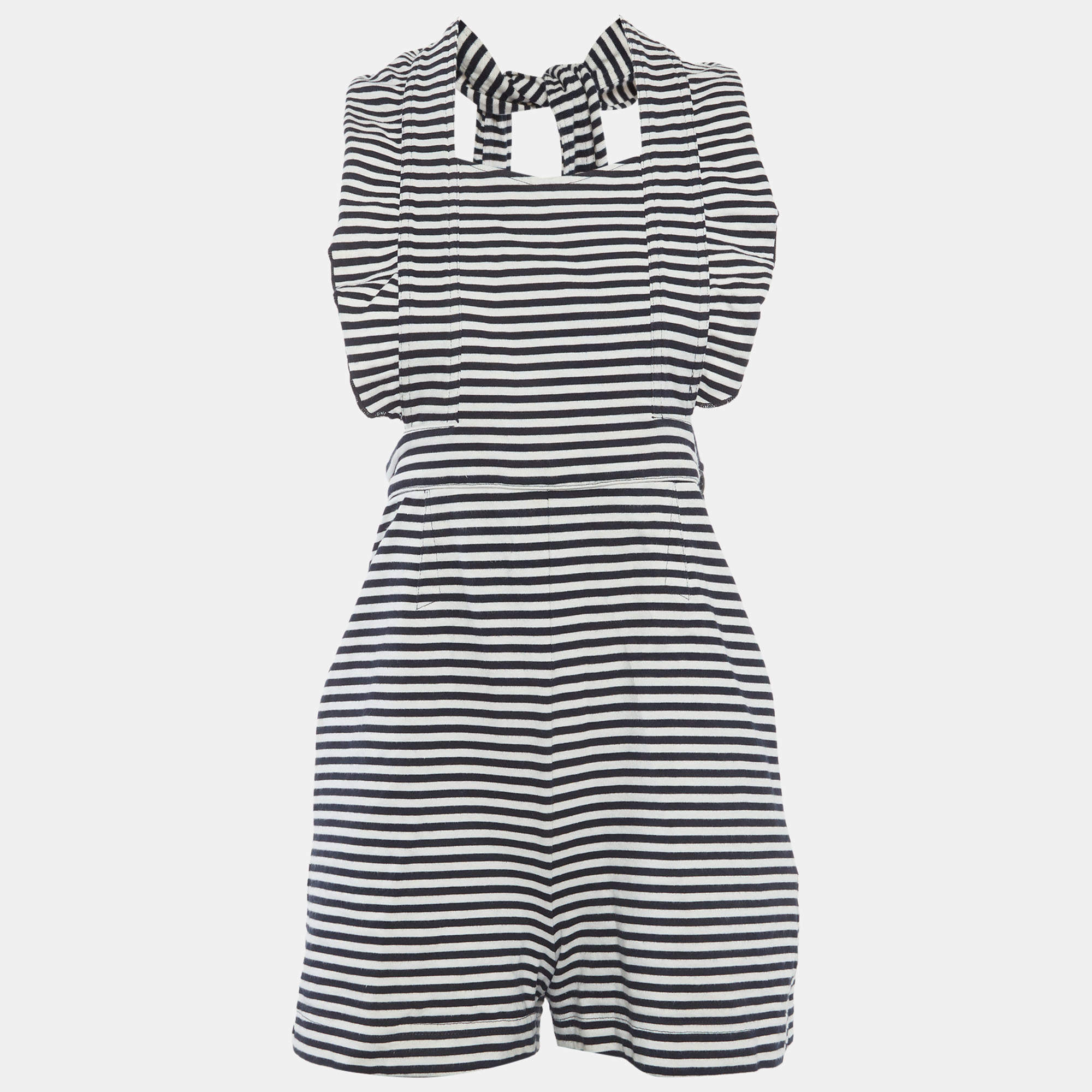 مملوكة مسبقًا See by Chloe White/Black Striped Cotton Knit Halter Neck Playsuit M