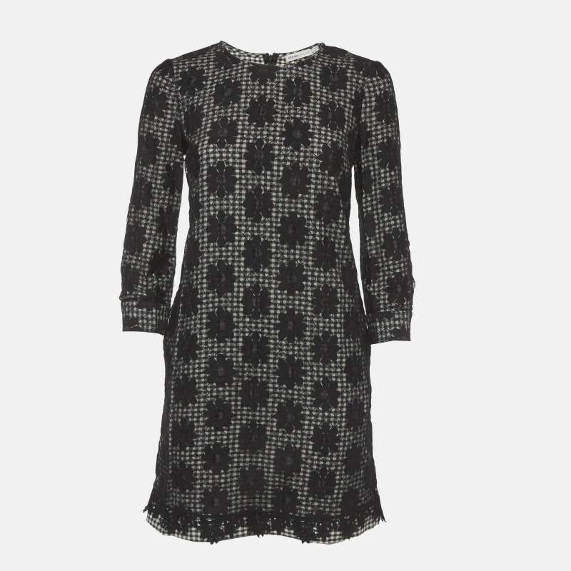 Pre Owned See By Chloe Monochrome Checkered Floral Mesh Overlay Shift Dress S