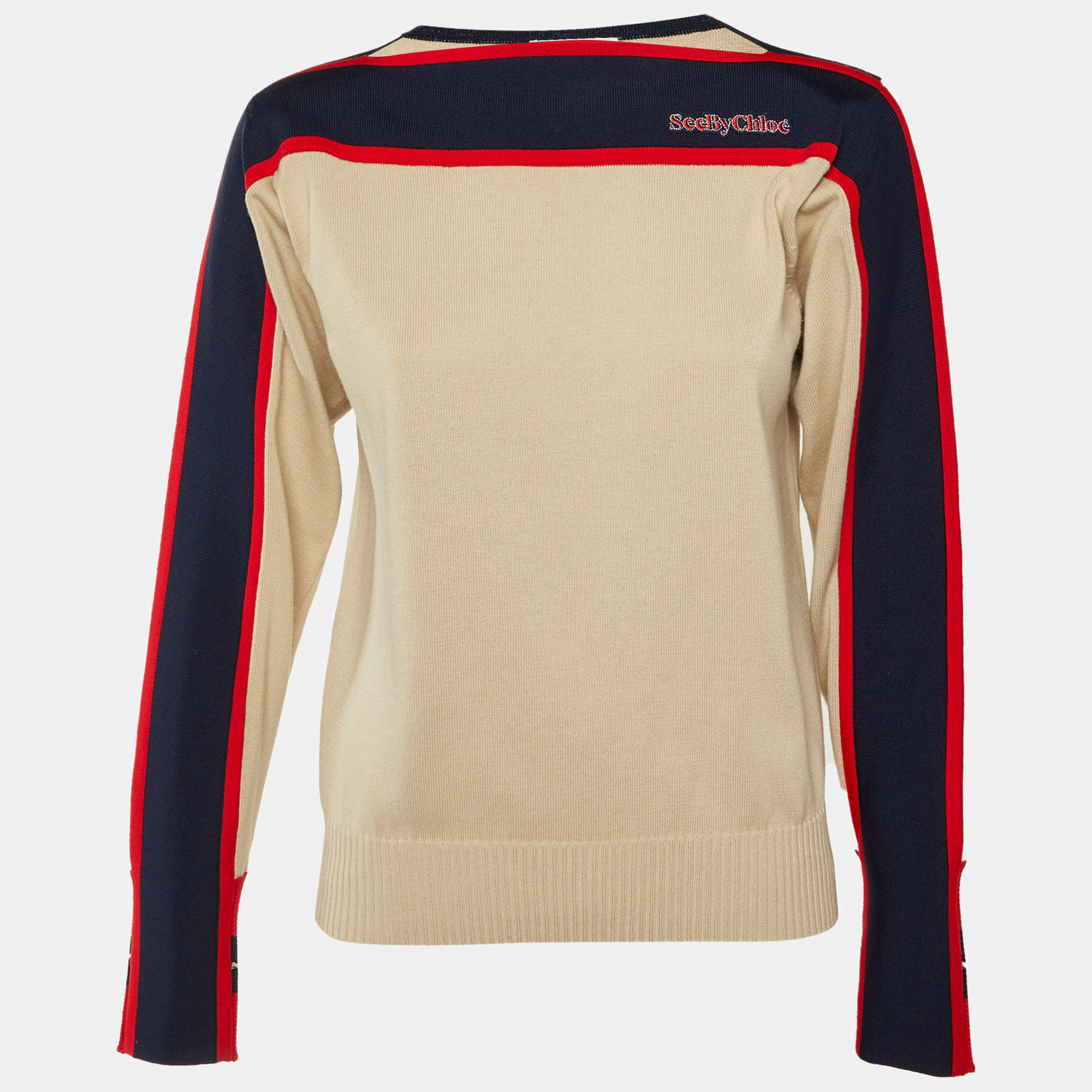 Pre Owned بلوفر سي باي كلوي قطن بيج مخطط محبوك مقاس صغير