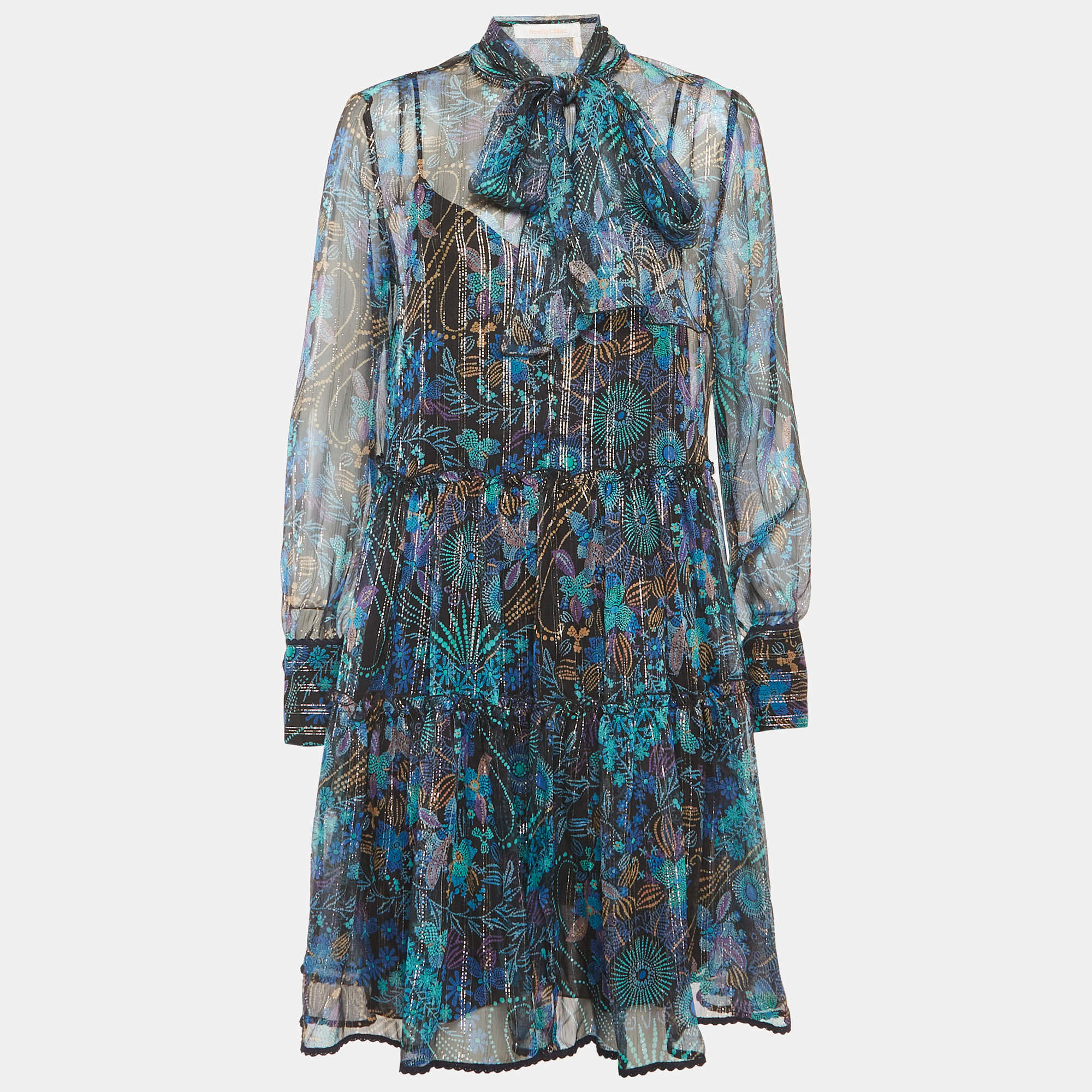 مملوكة مسبقًا See by Chloe Multicolour Floral Print Chiffon Tiered Mini Dress M
