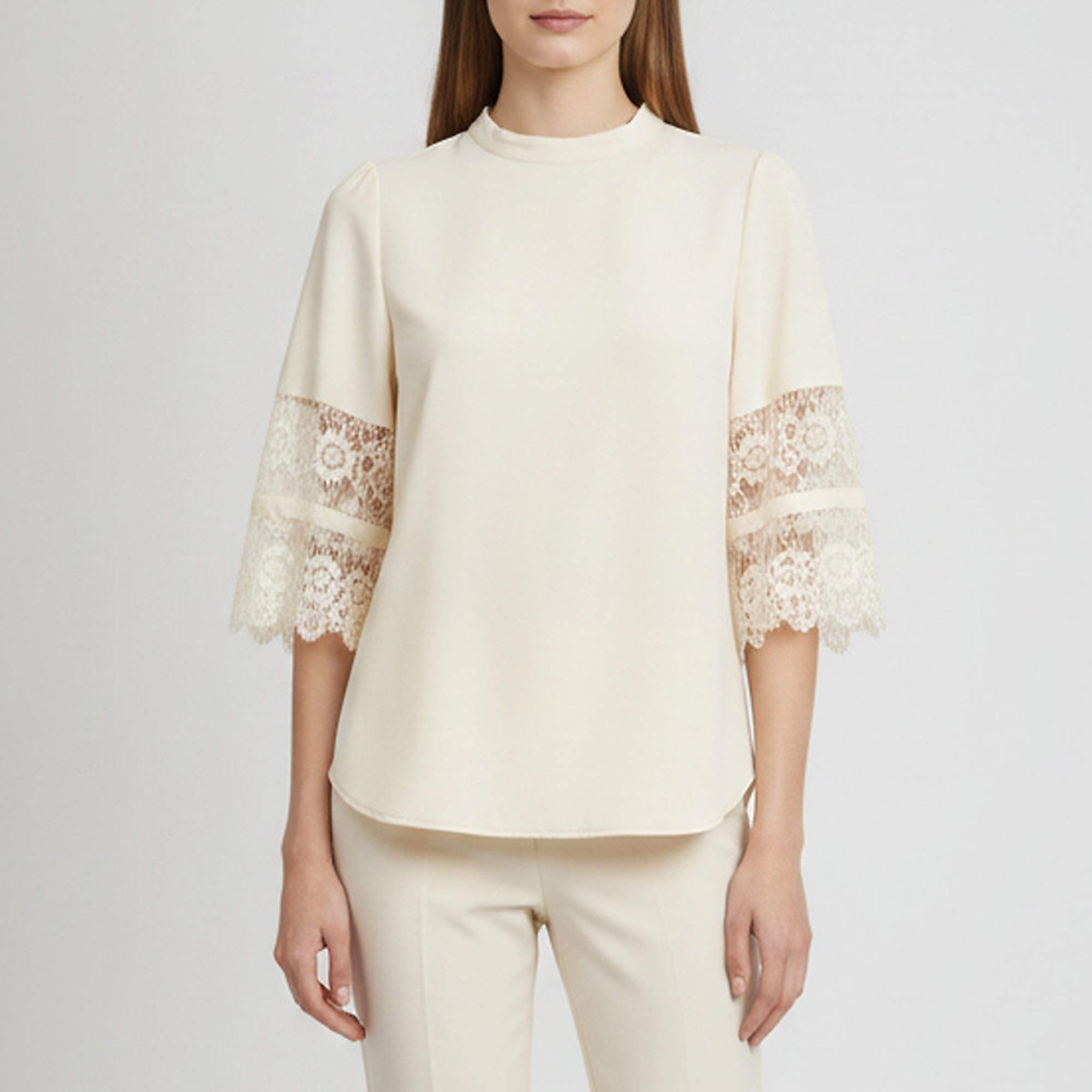 Pre Owned See by Chloe Angora Beige Crepe Lace Trim Blouse L