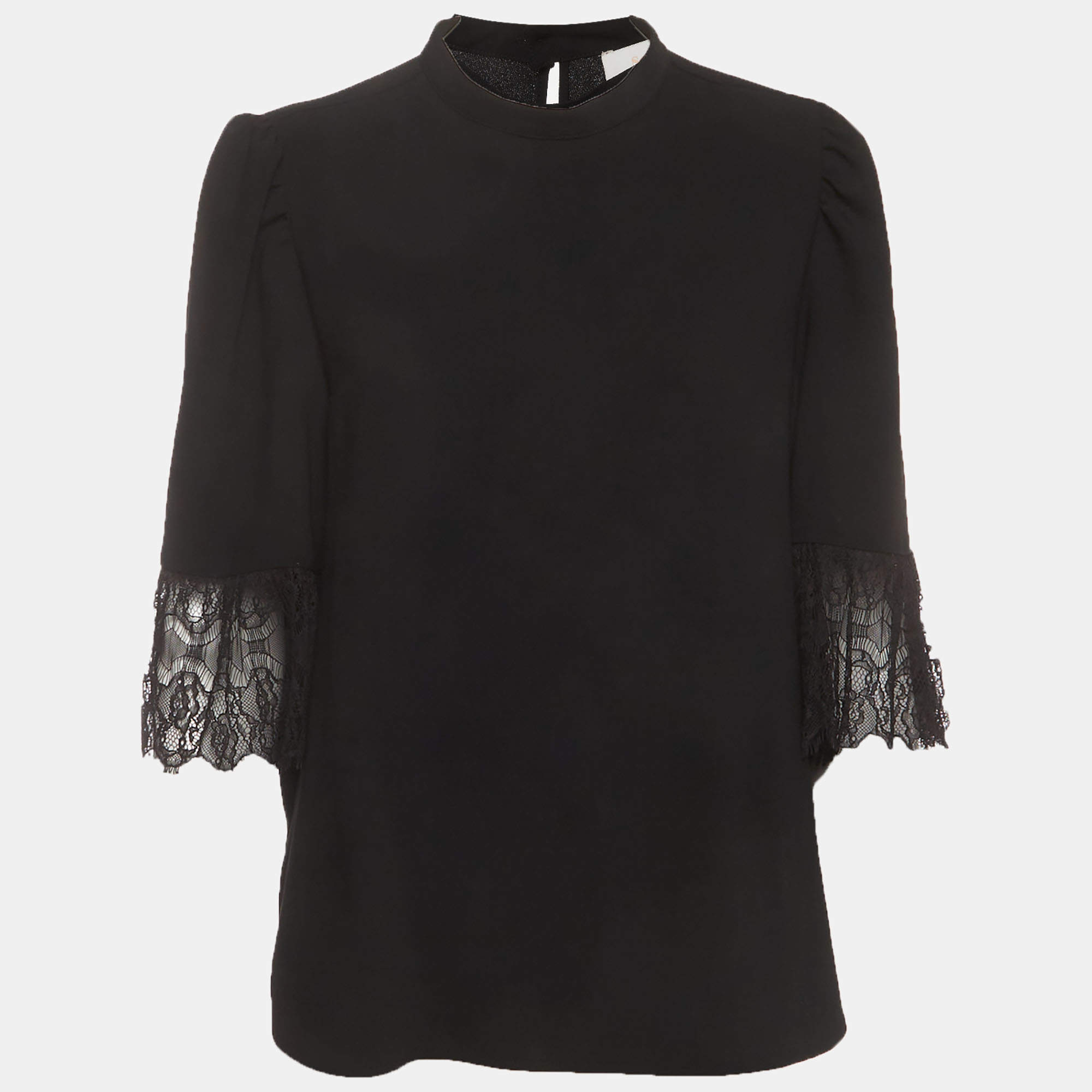 Pre Owned See By Chloe Black Crepe Lace Trim Mock Neck Blouse L