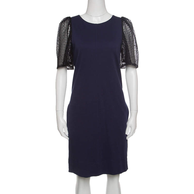 See by Chloe Navy Blue Jersey Contrast Lace Sleeve Dress S
