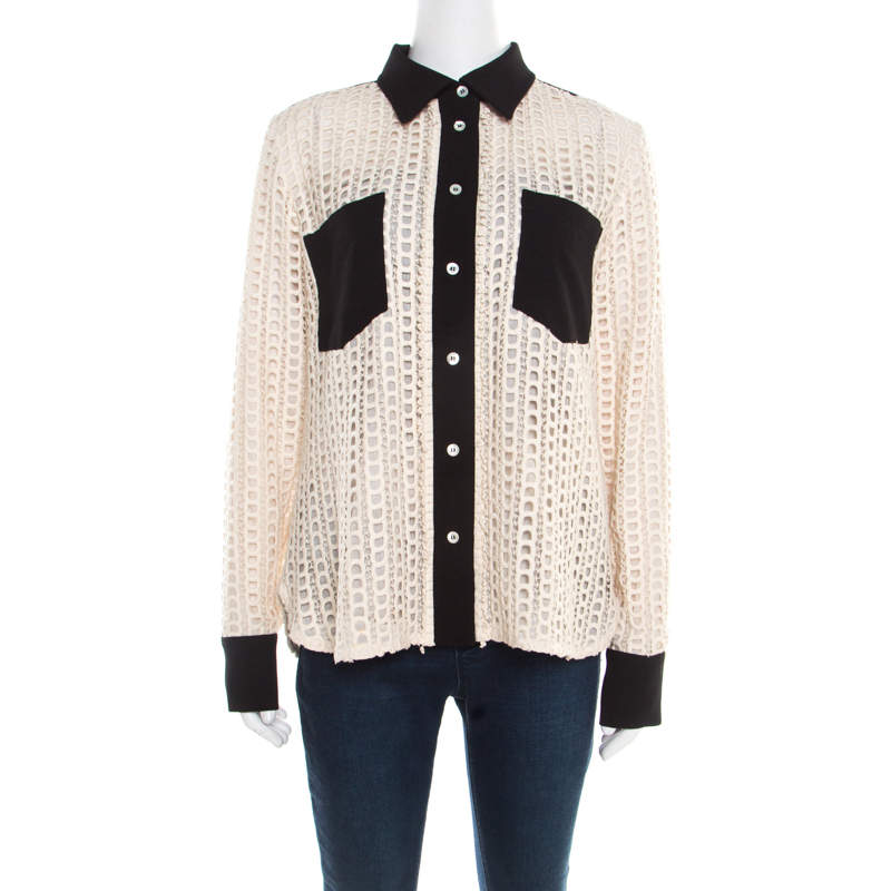 Pre Owned See by Chloe Cream Lace Overlay Contrast Patch Pocket Button Front Shirt L