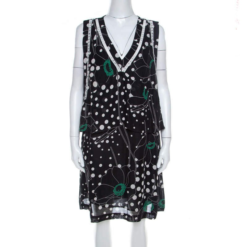 Pre Owned See by Chloe Black Floral and Dot Print Linen Blend Layered Sleeveless Dress M