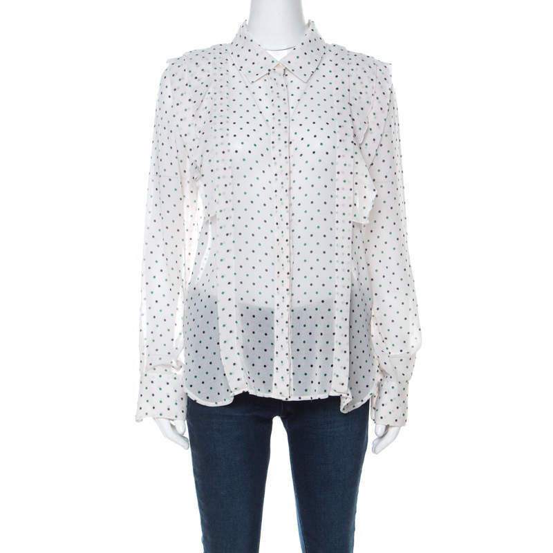 مملوكة مسبقًا See by Chloe Off White Polka Dot Georgette Ruffled Blouse M