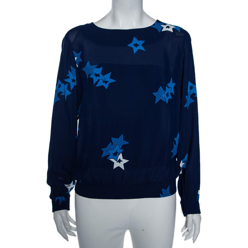 Pre Owned بلوزة سي باي كلوي خصر سموكد كريب طباعة نجوم كحلي مقاس متوسط