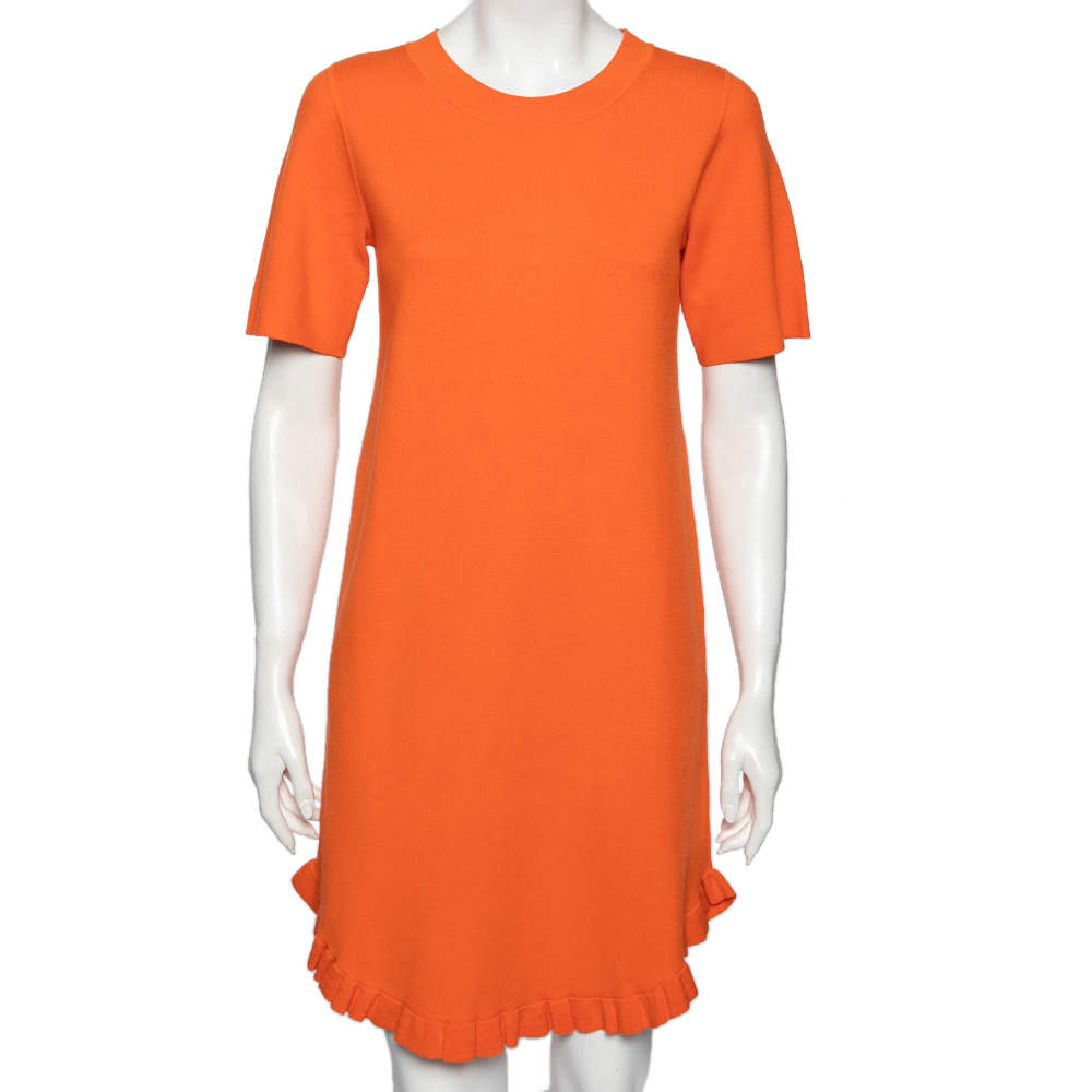 مملوكة مسبقًا See by Chloe Orange Stretch Knit Ruffle Trimmed Mini Dress S