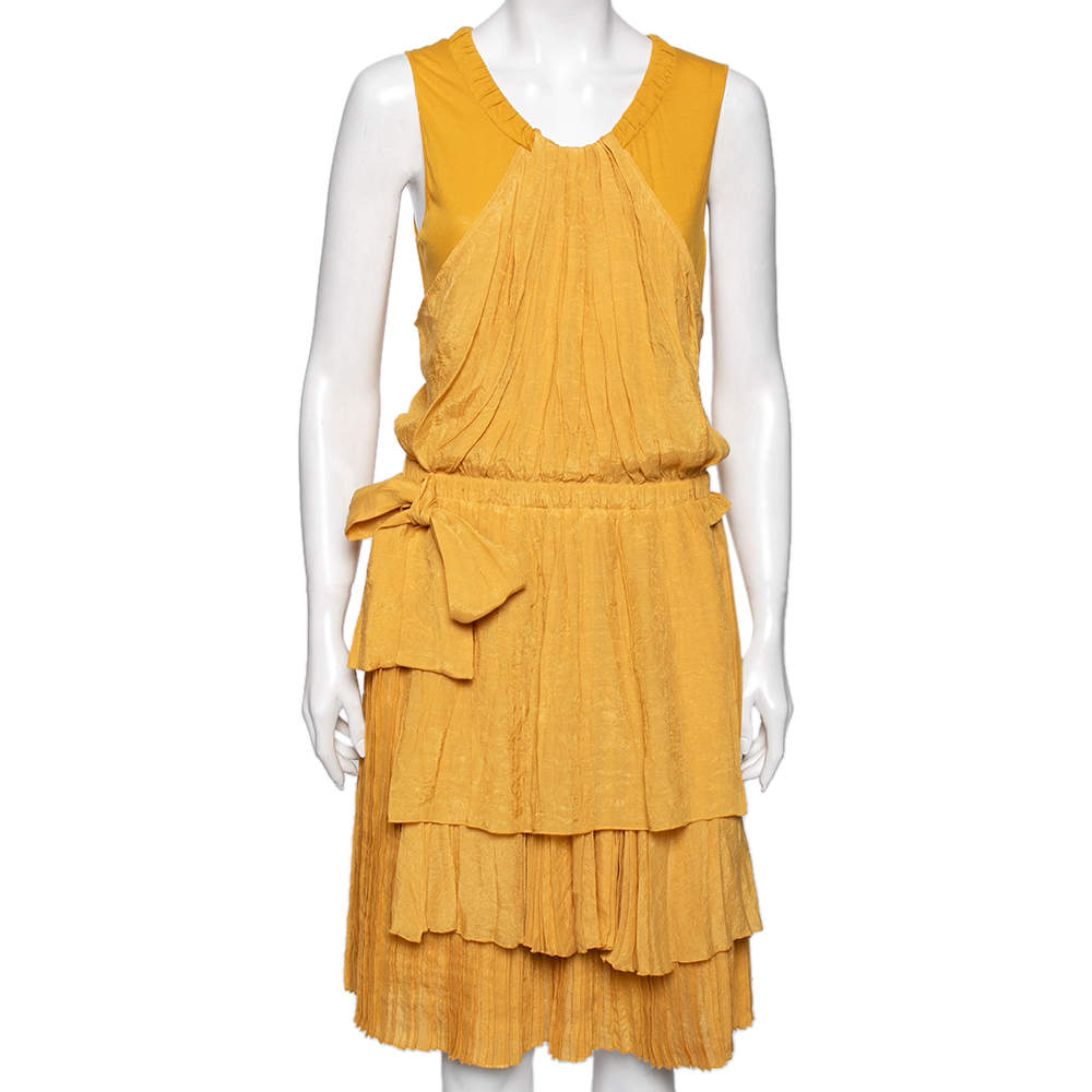 Pre Owned See by Chloe Yellow Knit & Plisse Overlay Detail Sleeveless Mini Dress L