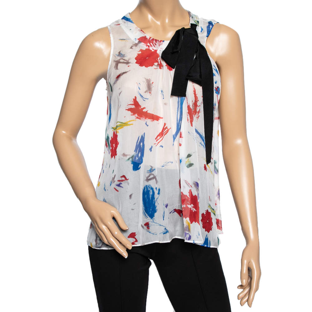 مملوكة مسبقًا See by Chloe Multicolor Silk Neck Tie Detail Sleeveless Sheer Top S