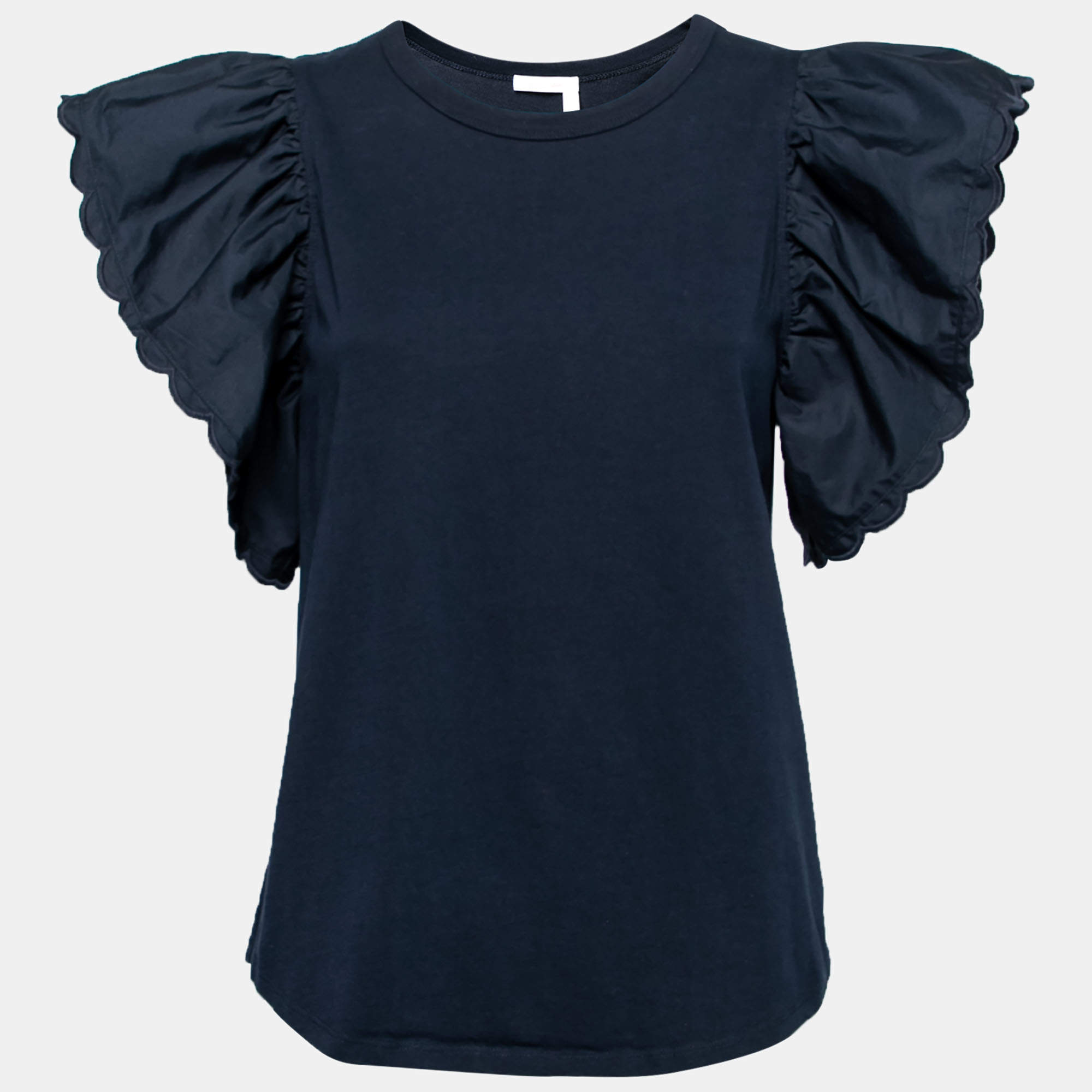 Pre Owned See by Chloe Navy Blue Cotton Ruffled Sleeve T-Shirt M